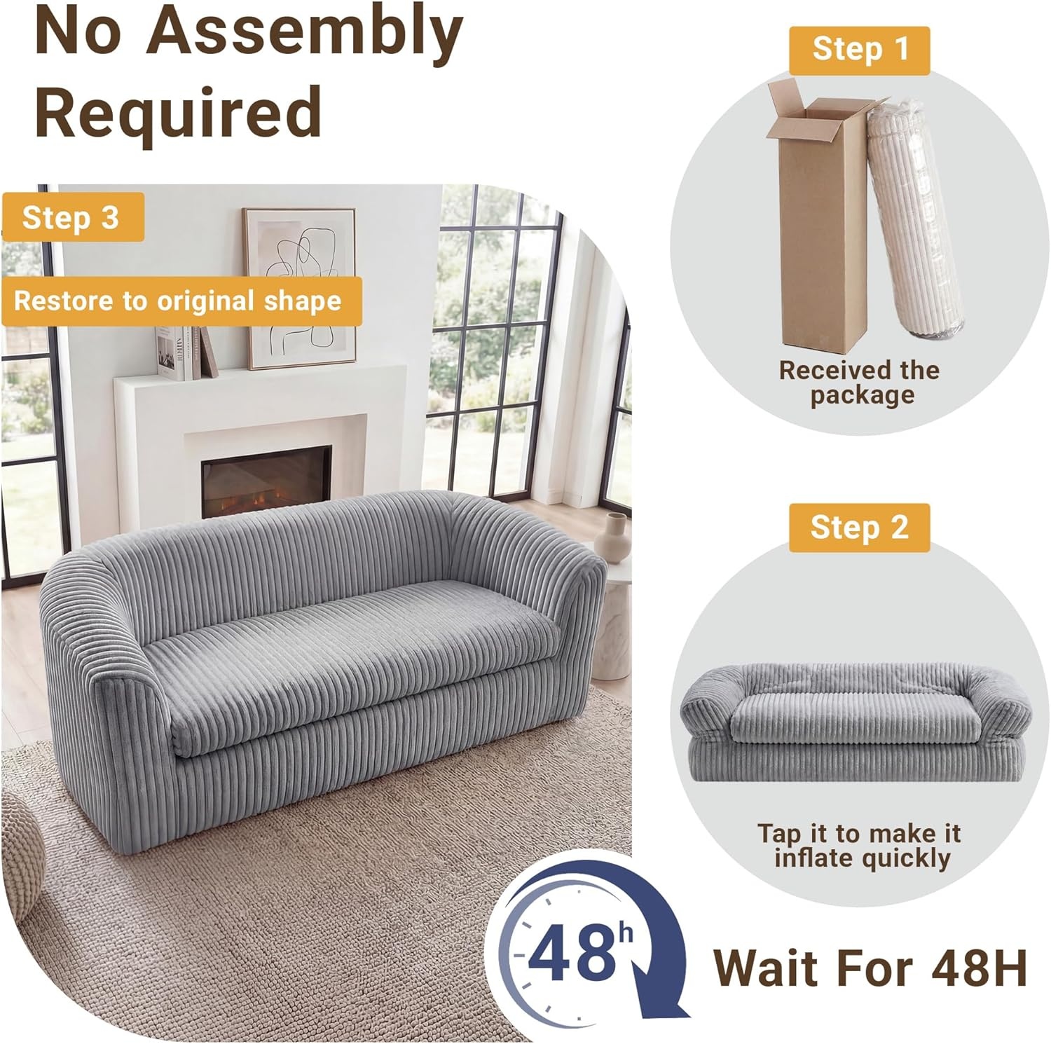 image:imageClaiks 55 Boneless Couch Curved Sofa Bean Bag Sofa Couch in a Box Upholstered Small Mini Sofa with Deep Seating for Living Room Bedroom Office Apartment No Assembly Required BeigeLight Gray