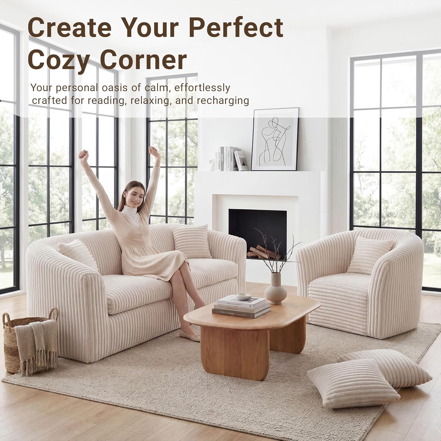 image:imageClaiks 55 Boneless Couch Curved Sofa Bean Bag Sofa Couch in a Box Upholstered Small Mini Sofa with Deep Seating for Living Room Bedroom Office Apartment No Assembly Required BeigeBeige