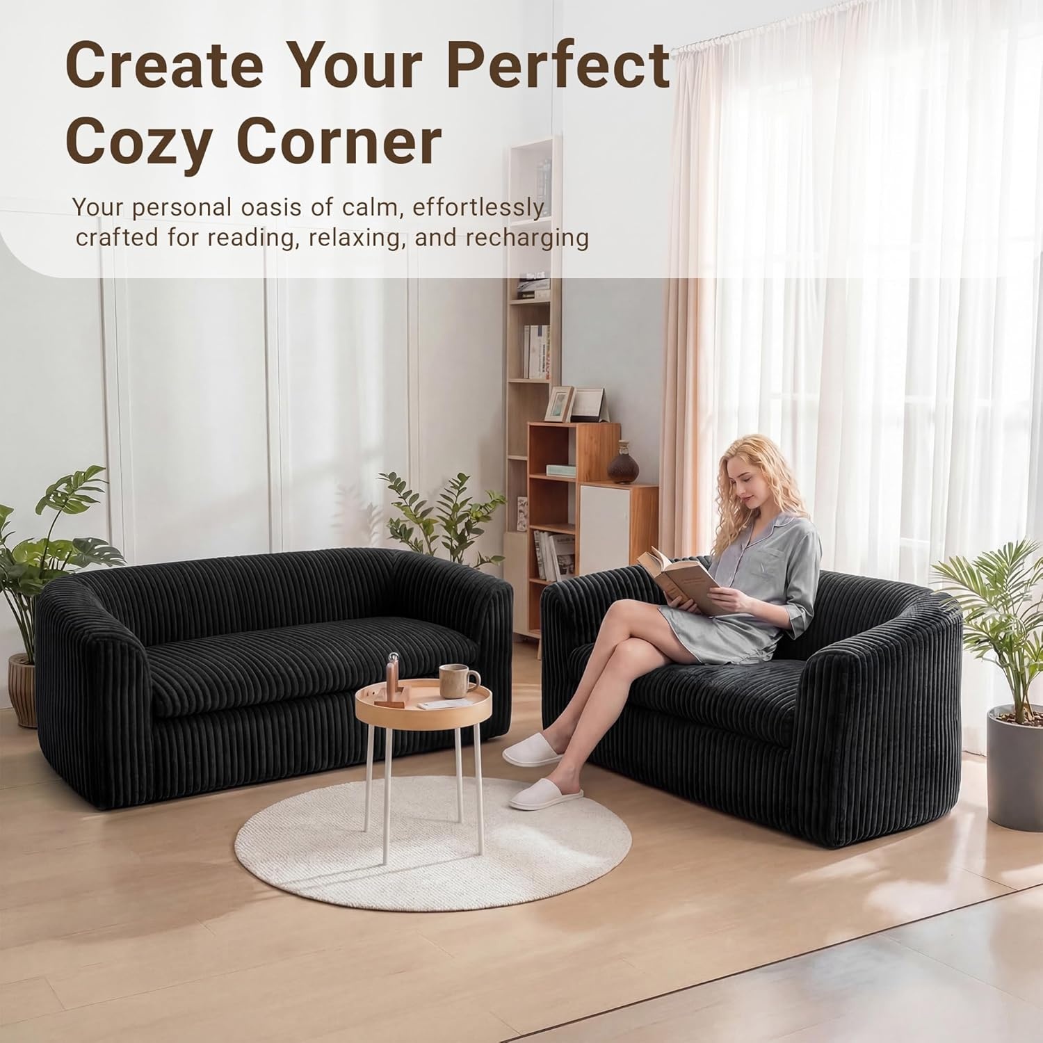 image:imageClaiks 55 Boneless Couch Curved Sofa Bean Bag Sofa Couch in a Box Upholstered Small Mini Sofa with Deep Seating for Living Room Bedroom Office Apartment No Assembly Required BeigeBlack