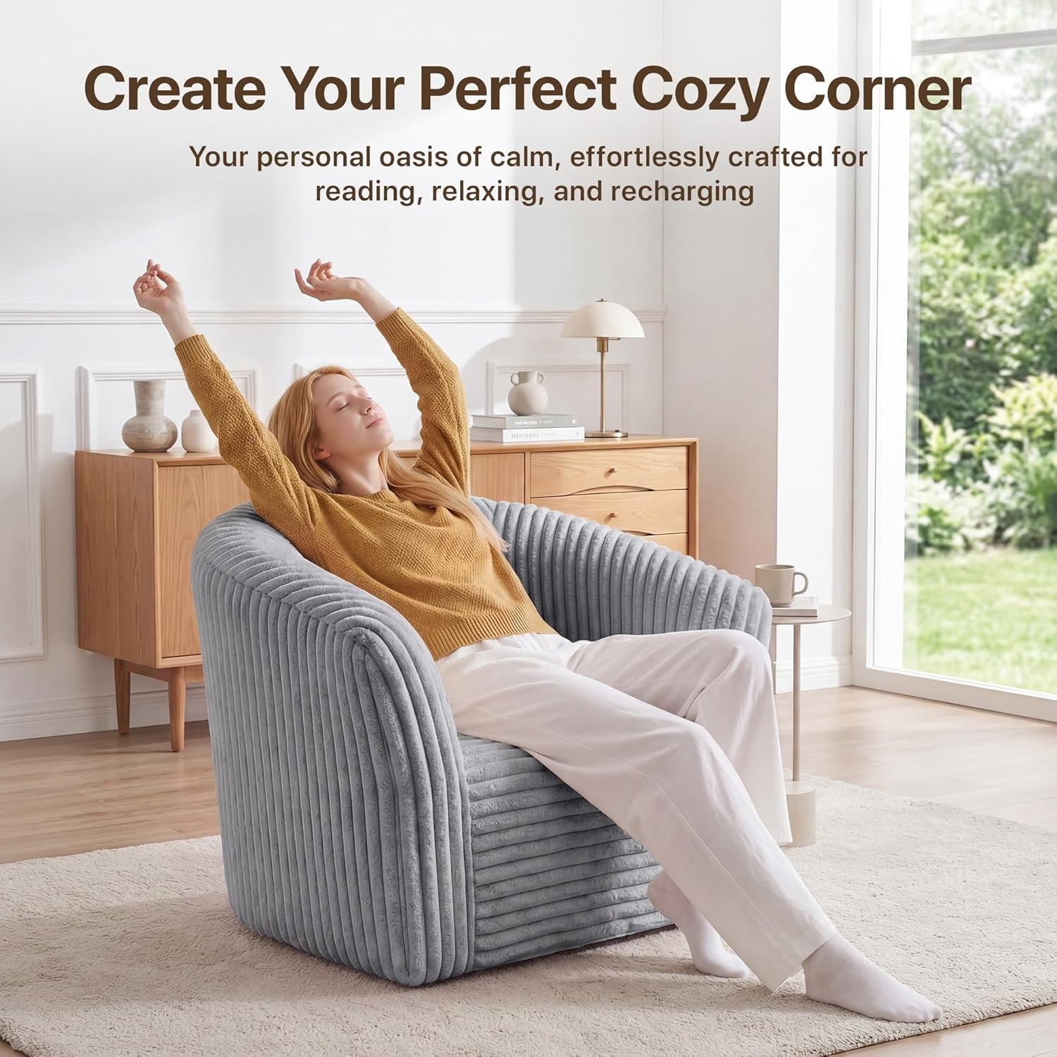image:imageClaiks 55 Boneless Couch Curved Sofa Bean Bag Sofa Couch in a Box Upholstered Small Mini Sofa with Deep Seating for Living Room Bedroom Office Apartment No Assembly Required BeigeLight Gray