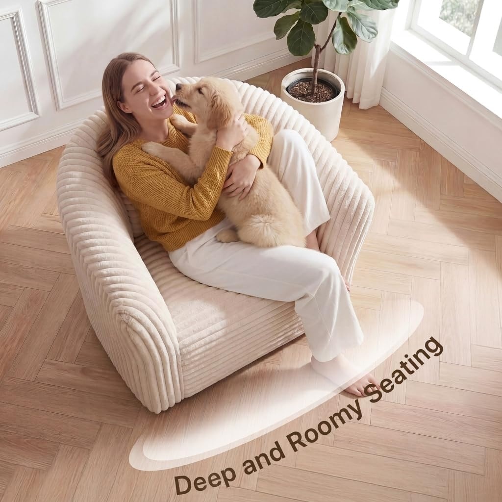 image:imageClaiks 55 Boneless Couch Curved Sofa Bean Bag Sofa Couch in a Box Upholstered Small Mini Sofa with Deep Seating for Living Room Bedroom Office Apartment No Assembly Required BeigeBeige