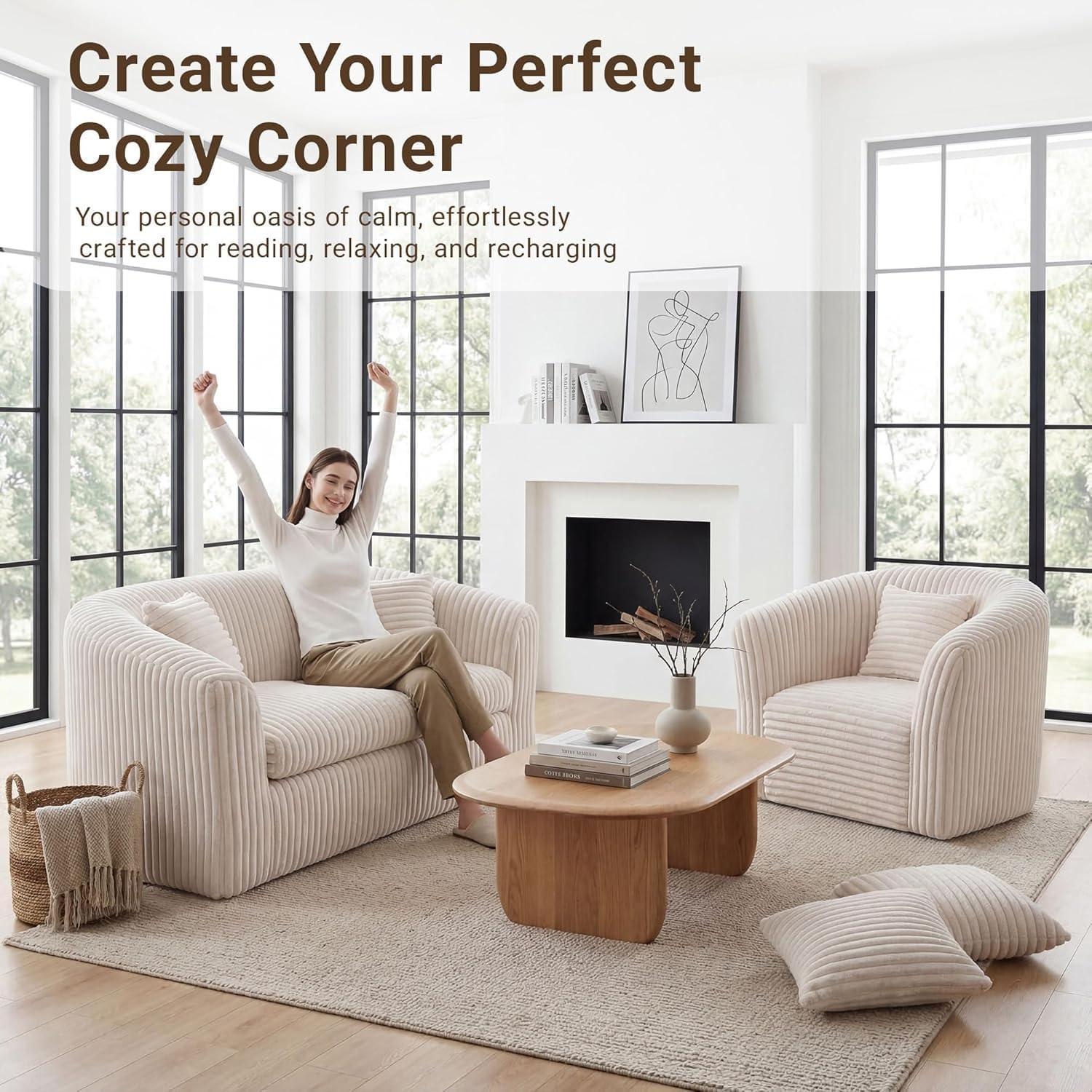 image:imageClaiks 55 Boneless Couch Curved Sofa Bean Bag Sofa Couch in a Box Upholstered Small Mini Sofa with Deep Seating for Living Room Bedroom Office Apartment No Assembly Required BeigeBeige