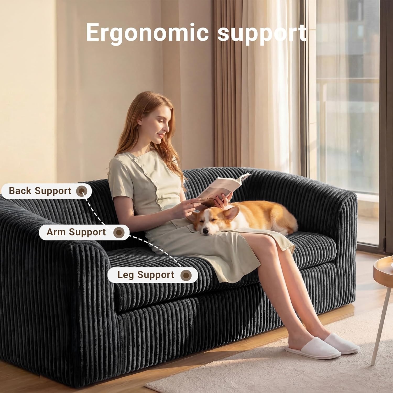 image:imageClaiks 55 Boneless Couch Curved Sofa Bean Bag Sofa Couch in a Box Upholstered Small Mini Sofa with Deep Seating for Living Room Bedroom Office Apartment No Assembly Required BeigeBlack