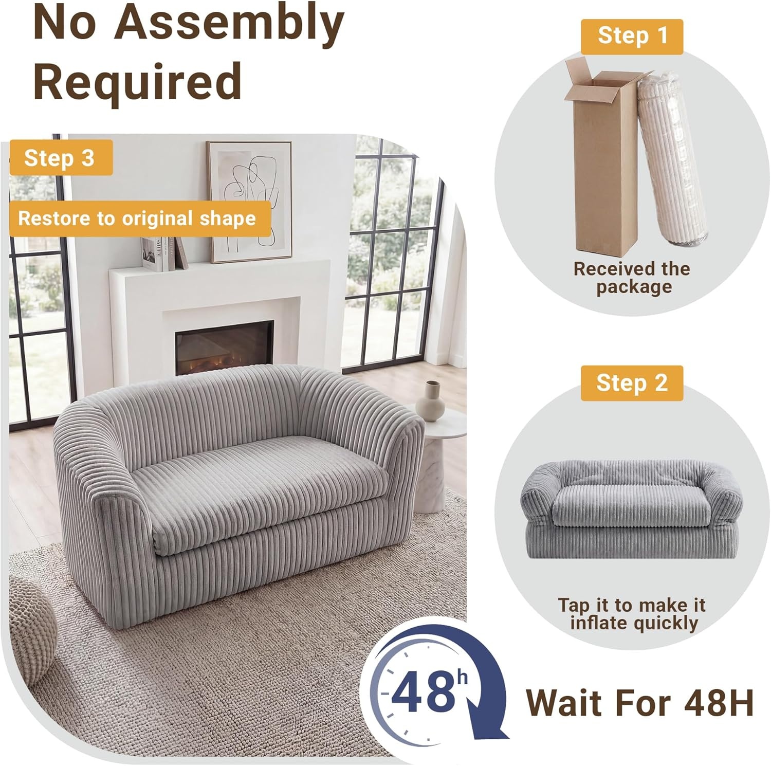 image:imageClaiks 55 Boneless Couch Curved Sofa Bean Bag Sofa Couch in a Box Upholstered Small Mini Sofa with Deep Seating for Living Room Bedroom Office Apartment No Assembly Required BeigeLight Gray