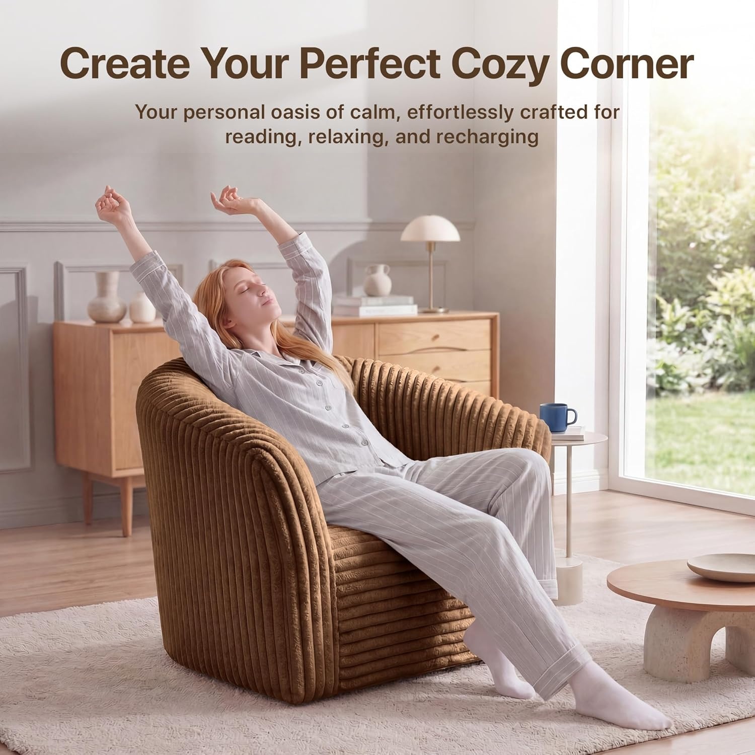 image:imageClaiks 55 Boneless Couch Curved Sofa Bean Bag Sofa Couch in a Box Upholstered Small Mini Sofa with Deep Seating for Living Room Bedroom Office Apartment No Assembly Required BeigeBrown