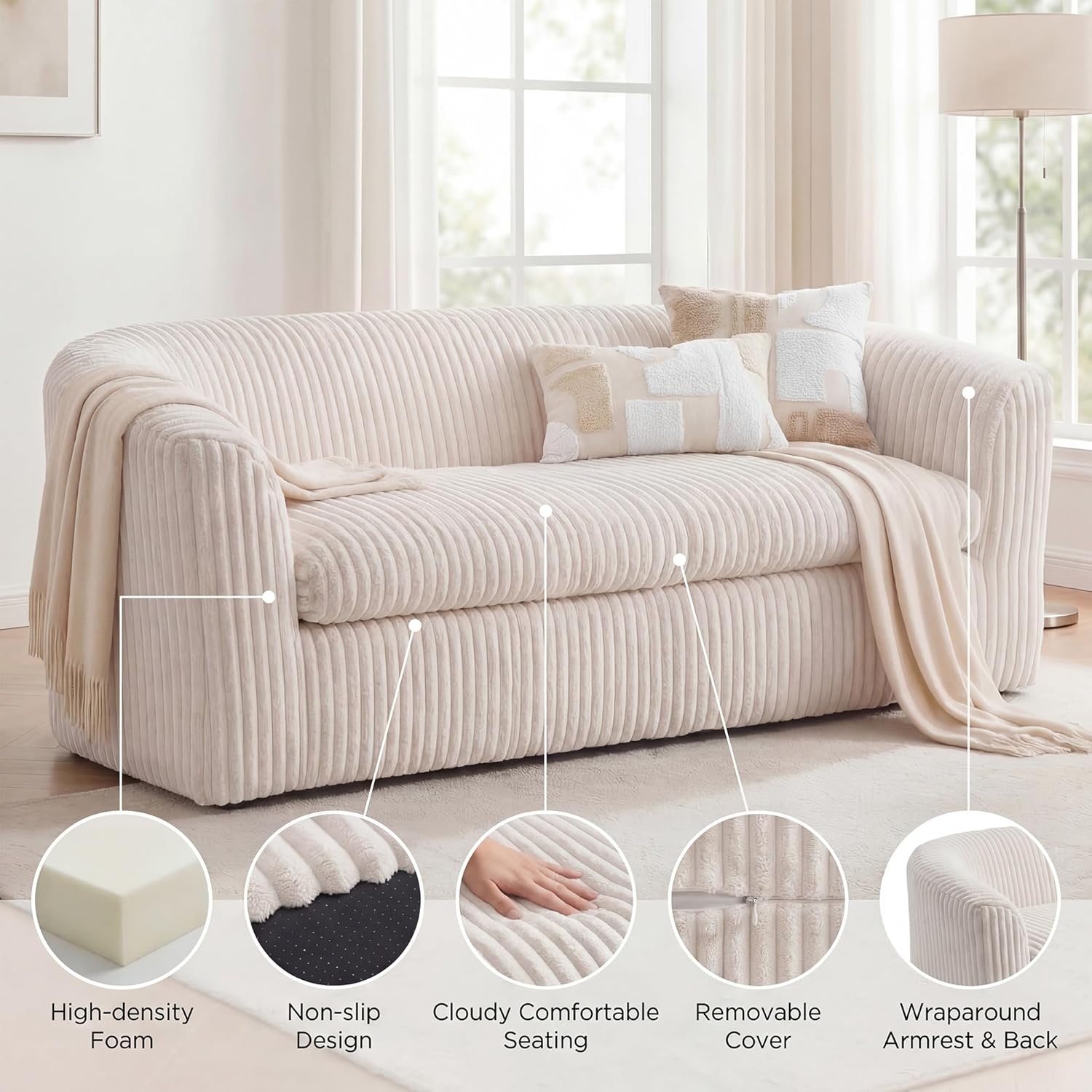 image:imageClaiks 55 Boneless Couch Curved Sofa Bean Bag Sofa Couch in a Box Upholstered Small Mini Sofa with Deep Seating for Living Room Bedroom Office Apartment No Assembly Required BeigeBeige