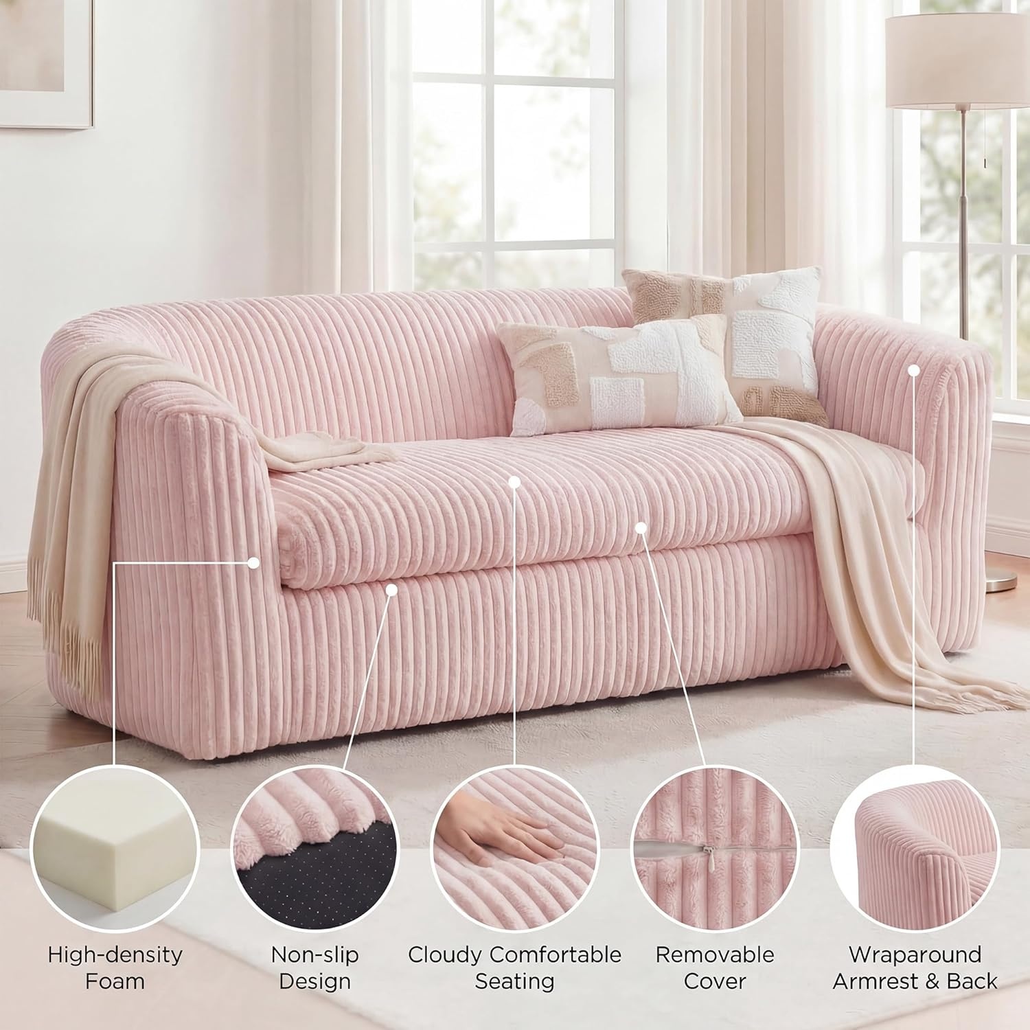image:imageClaiks 55 Boneless Couch Curved Sofa Bean Bag Sofa Couch in a Box Upholstered Small Mini Sofa with Deep Seating for Living Room Bedroom Office Apartment No Assembly Required BeigePink