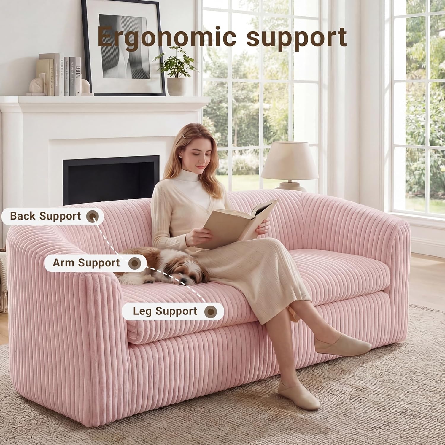 image:imageClaiks 55 Boneless Couch Curved Sofa Bean Bag Sofa Couch in a Box Upholstered Small Mini Sofa with Deep Seating for Living Room Bedroom Office Apartment No Assembly Required BeigePink