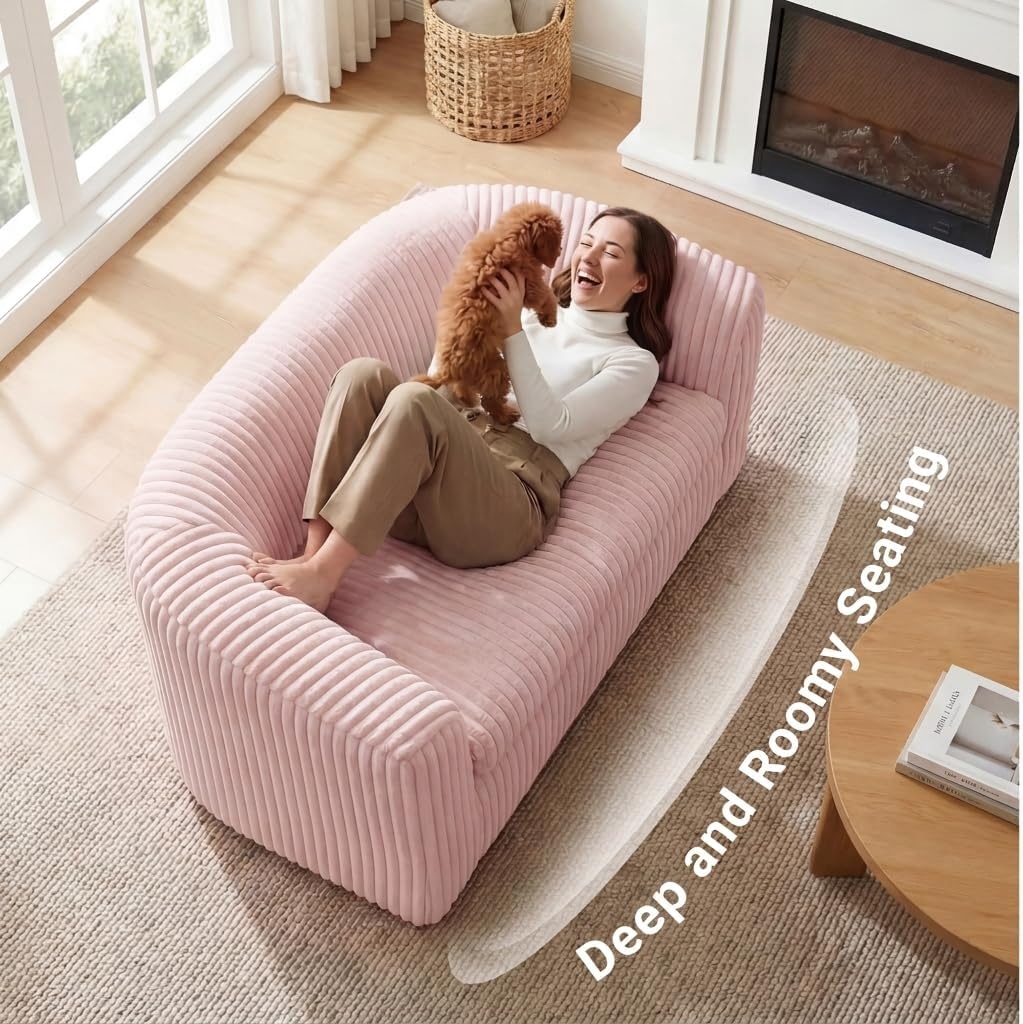 image:imageClaiks 55 Boneless Couch Curved Sofa Bean Bag Sofa Couch in a Box Upholstered Small Mini Sofa with Deep Seating for Living Room Bedroom Office Apartment No Assembly Required BeigePink