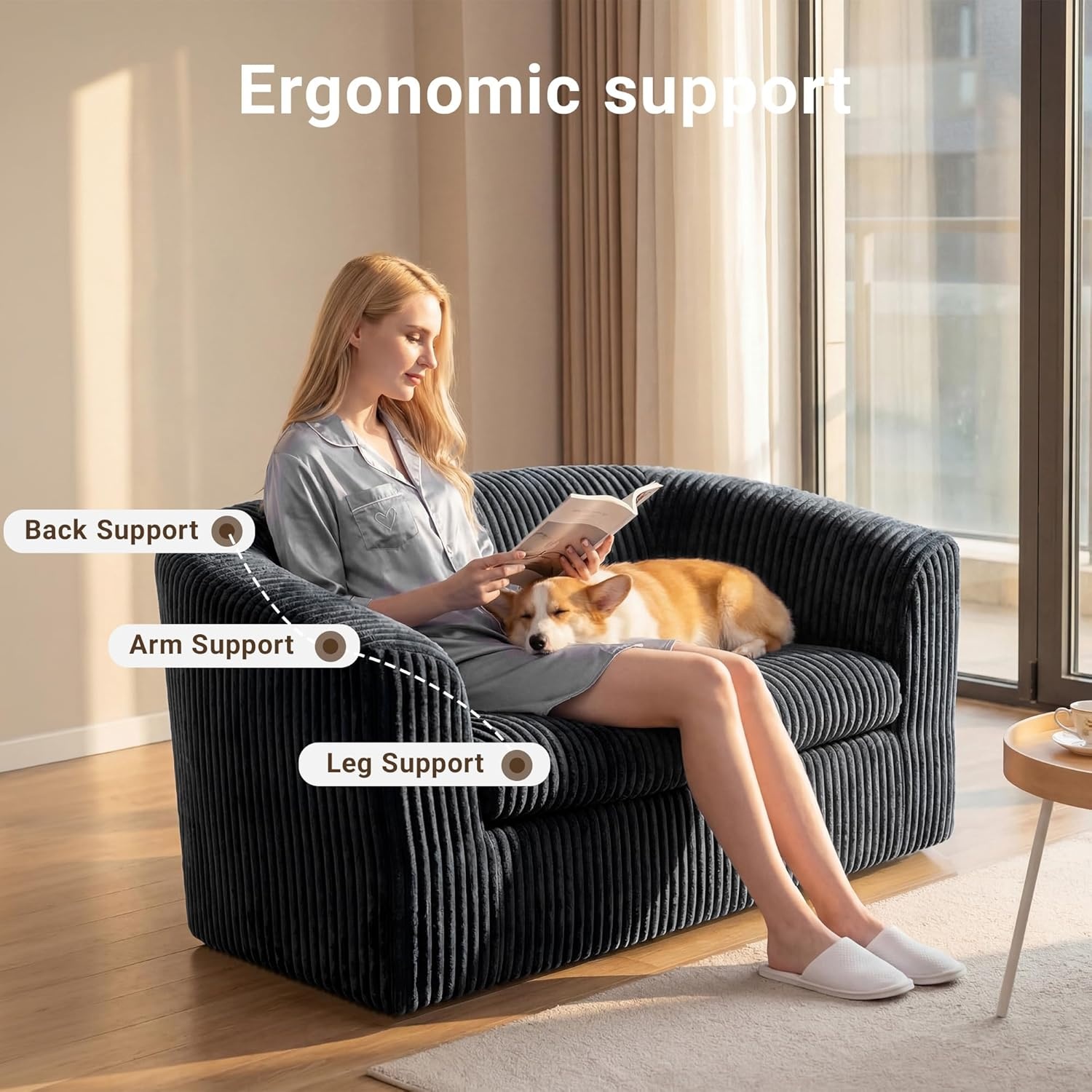 image:imageClaiks 55 Boneless Couch Curved Sofa Bean Bag Sofa Couch in a Box Upholstered Small Mini Sofa with Deep Seating for Living Room Bedroom Office Apartment No Assembly Required BeigeBlack