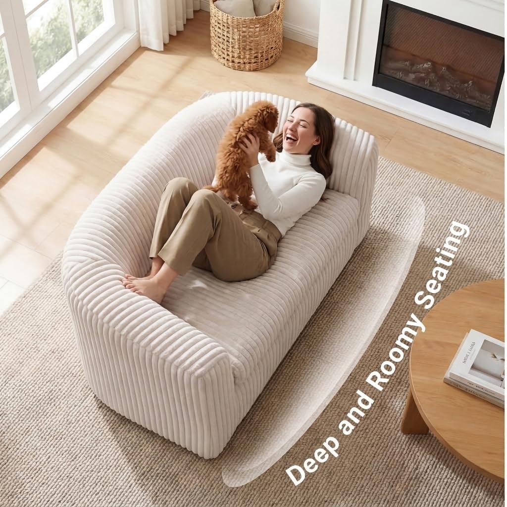image:imageClaiks 55 Boneless Couch Curved Sofa Bean Bag Sofa Couch in a Box Upholstered Small Mini Sofa with Deep Seating for Living Room Bedroom Office Apartment No Assembly Required BeigeBeige