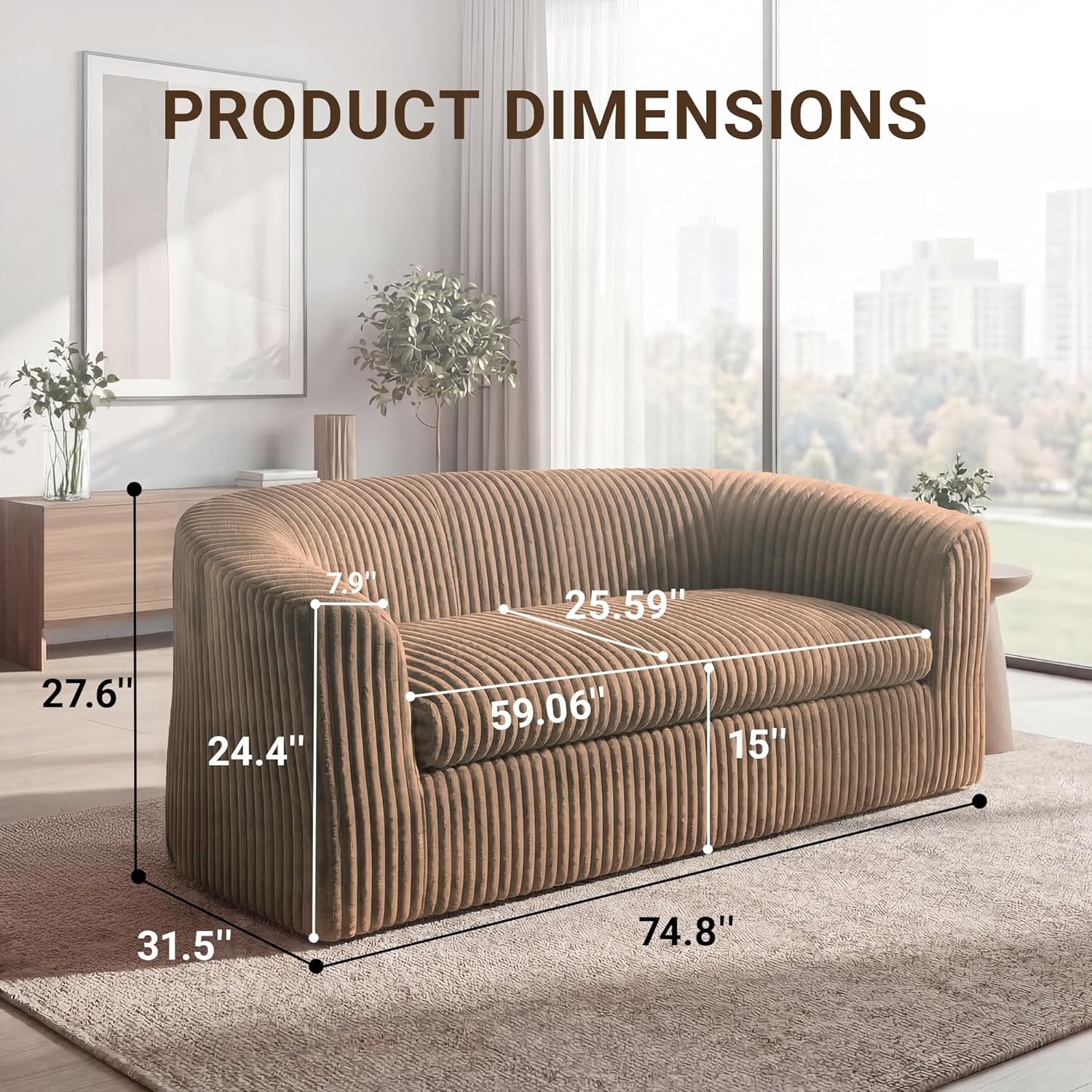 image:imageClaiks 55 Boneless Couch Curved Sofa Bean Bag Sofa Couch in a Box Upholstered Small Mini Sofa with Deep Seating for Living Room Bedroom Office Apartment No Assembly Required BeigeBrown
