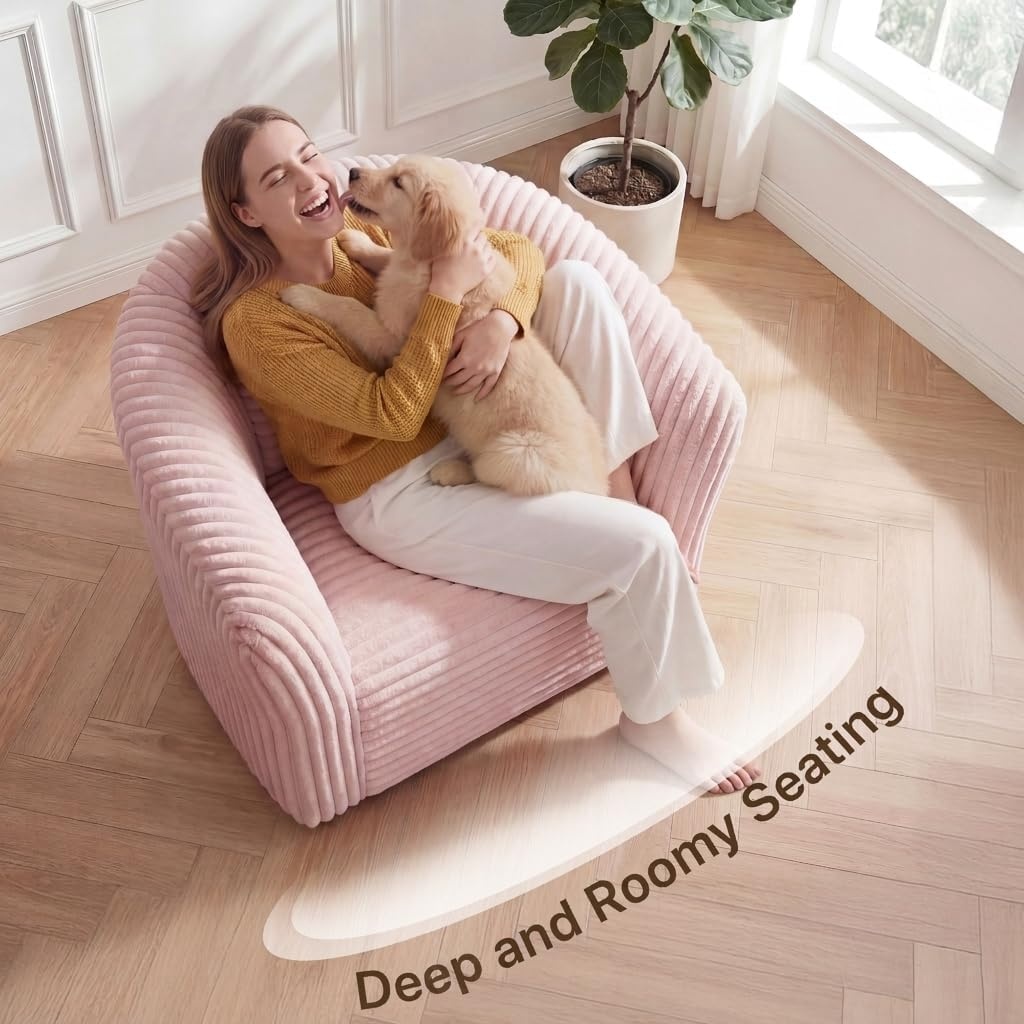 image:imageClaiks 55 Boneless Couch Curved Sofa Bean Bag Sofa Couch in a Box Upholstered Small Mini Sofa with Deep Seating for Living Room Bedroom Office Apartment No Assembly Required BeigePink