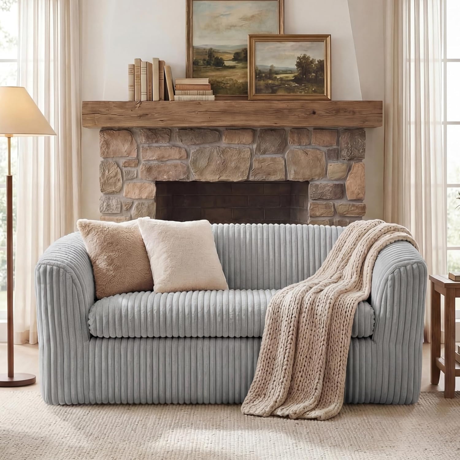 image:imageClaiks 55 Boneless Couch Curved Sofa Bean Bag Sofa Couch in a Box Upholstered Small Mini Sofa with Deep Seating for Living Room Bedroom Office Apartment No Assembly Required BeigeLight Gray