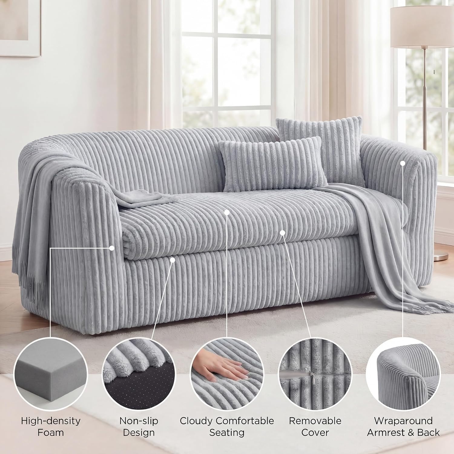 image:imageClaiks 55 Boneless Couch Curved Sofa Bean Bag Sofa Couch in a Box Upholstered Small Mini Sofa with Deep Seating for Living Room Bedroom Office Apartment No Assembly Required BeigeLight Gray