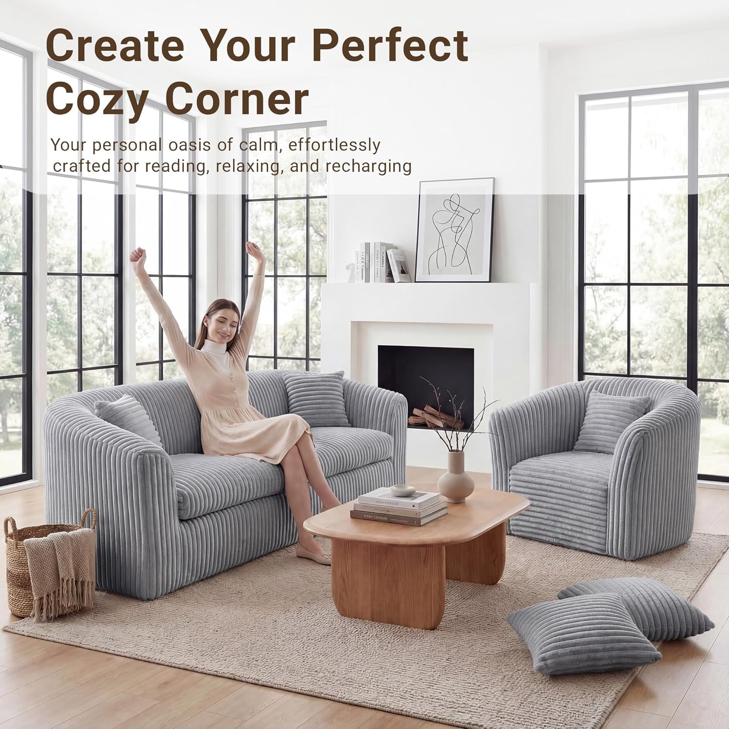 image:imageClaiks 55 Boneless Couch Curved Sofa Bean Bag Sofa Couch in a Box Upholstered Small Mini Sofa with Deep Seating for Living Room Bedroom Office Apartment No Assembly Required BeigeLight Gray