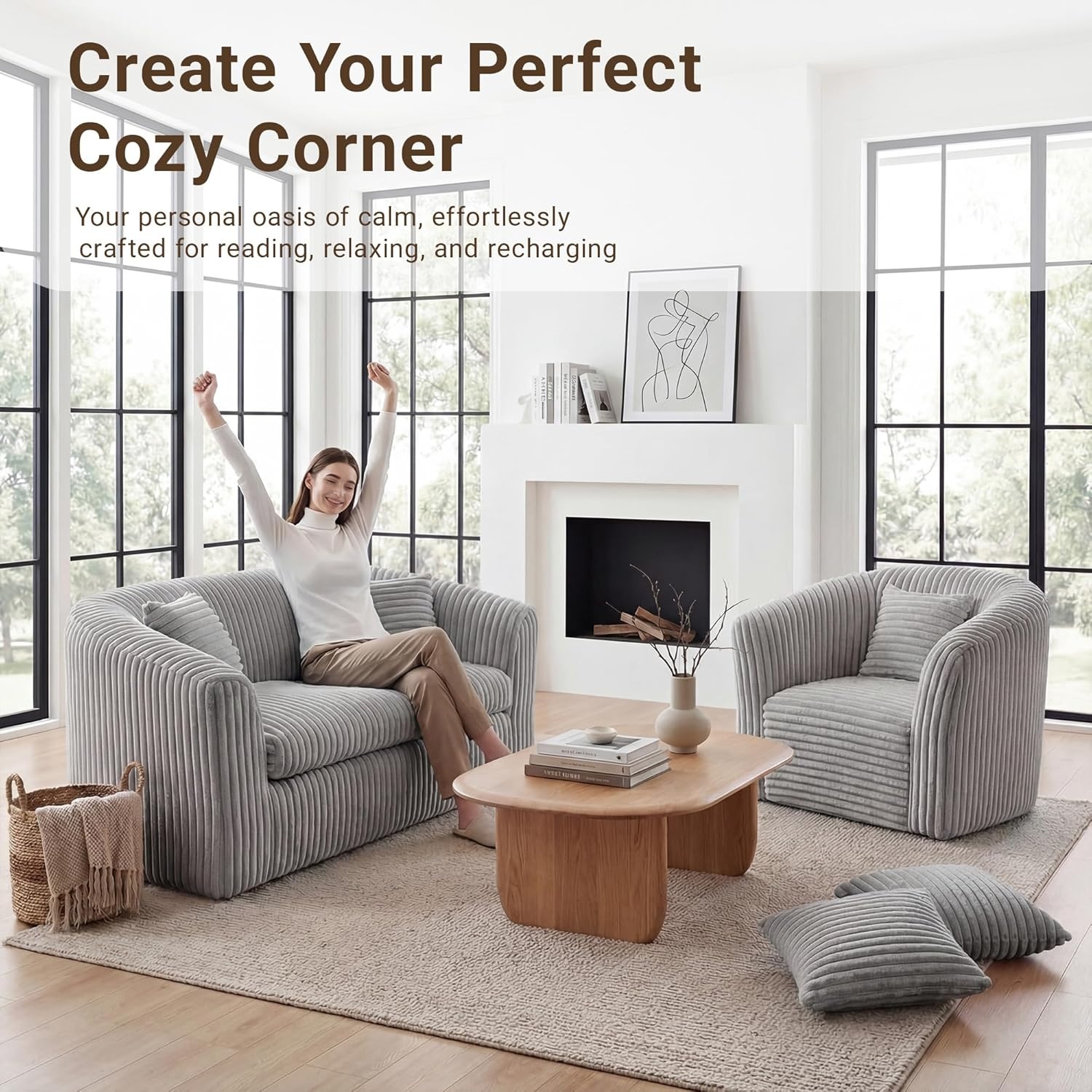 image:imageClaiks 55 Boneless Couch Curved Sofa Bean Bag Sofa Couch in a Box Upholstered Small Mini Sofa with Deep Seating for Living Room Bedroom Office Apartment No Assembly Required BeigeLight Gray