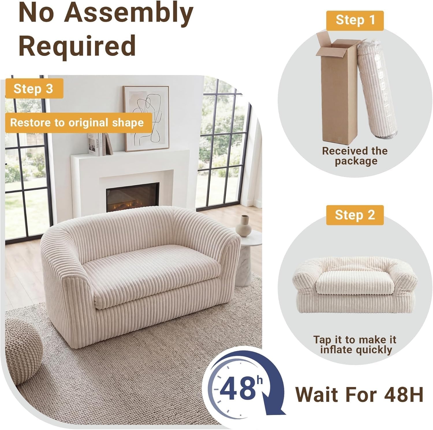 image:imageClaiks 55 Boneless Couch Curved Sofa Bean Bag Sofa Couch in a Box Upholstered Small Mini Sofa with Deep Seating for Living Room Bedroom Office Apartment No Assembly Required BeigeBeige