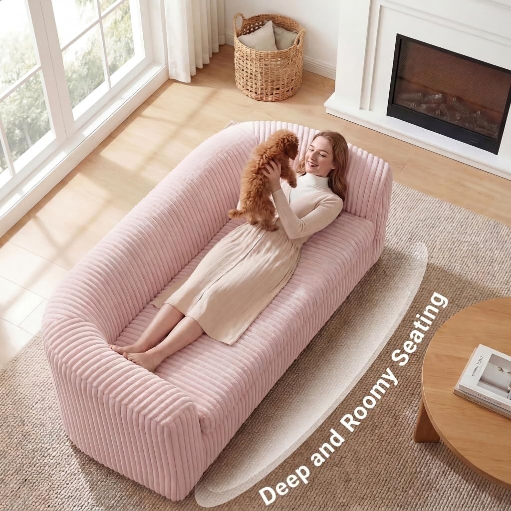 image:imageClaiks 55 Boneless Couch Curved Sofa Bean Bag Sofa Couch in a Box Upholstered Small Mini Sofa with Deep Seating for Living Room Bedroom Office Apartment No Assembly Required BeigePink