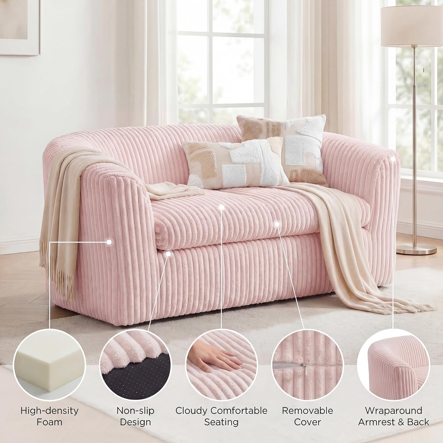 image:imageClaiks 55 Boneless Couch Curved Sofa Bean Bag Sofa Couch in a Box Upholstered Small Mini Sofa with Deep Seating for Living Room Bedroom Office Apartment No Assembly Required BeigePink