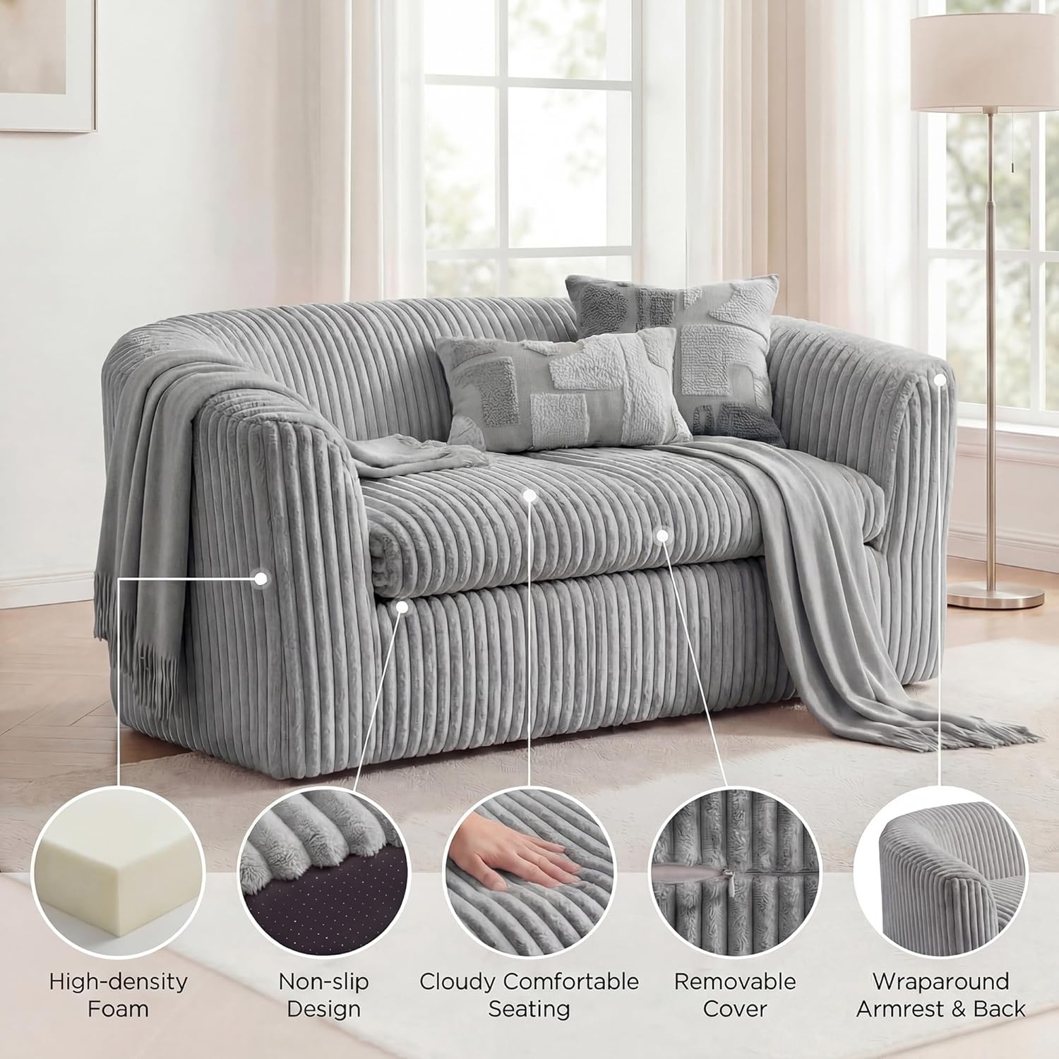 image:imageClaiks 55 Boneless Couch Curved Sofa Bean Bag Sofa Couch in a Box Upholstered Small Mini Sofa with Deep Seating for Living Room Bedroom Office Apartment No Assembly Required BeigeLight Gray