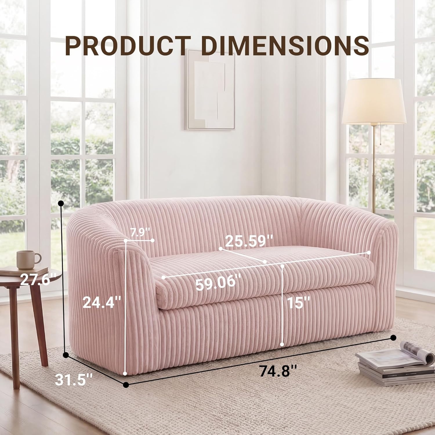 image:imageClaiks 55 Boneless Couch Curved Sofa Bean Bag Sofa Couch in a Box Upholstered Small Mini Sofa with Deep Seating for Living Room Bedroom Office Apartment No Assembly Required BeigePink