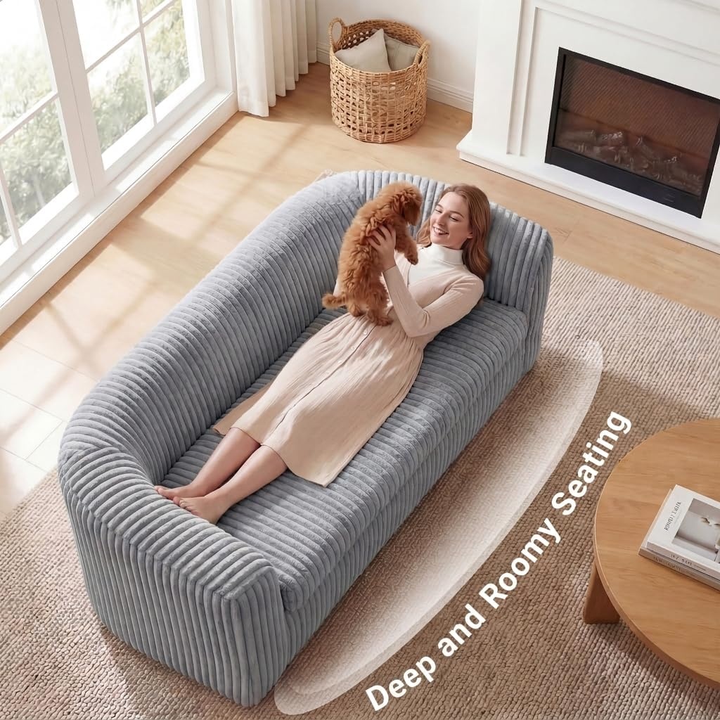 image:imageClaiks 55 Boneless Couch Curved Sofa Bean Bag Sofa Couch in a Box Upholstered Small Mini Sofa with Deep Seating for Living Room Bedroom Office Apartment No Assembly Required BeigeLight Gray