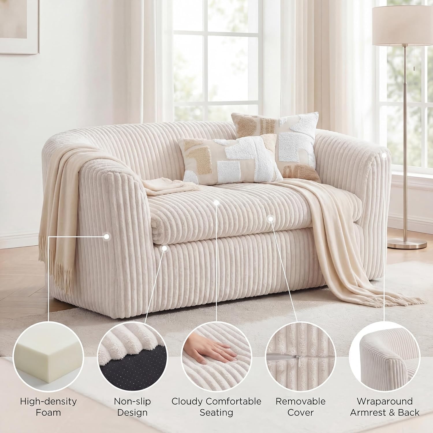 image:imageClaiks 55 Boneless Couch Curved Sofa Bean Bag Sofa Couch in a Box Upholstered Small Mini Sofa with Deep Seating for Living Room Bedroom Office Apartment No Assembly Required BeigeBeige