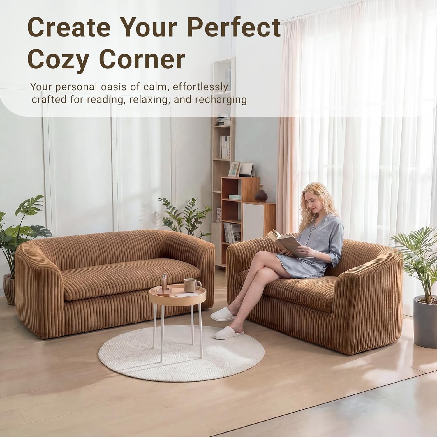 image:imageClaiks 55 Boneless Couch Curved Sofa Bean Bag Sofa Couch in a Box Upholstered Small Mini Sofa with Deep Seating for Living Room Bedroom Office Apartment No Assembly Required BeigeBrown
