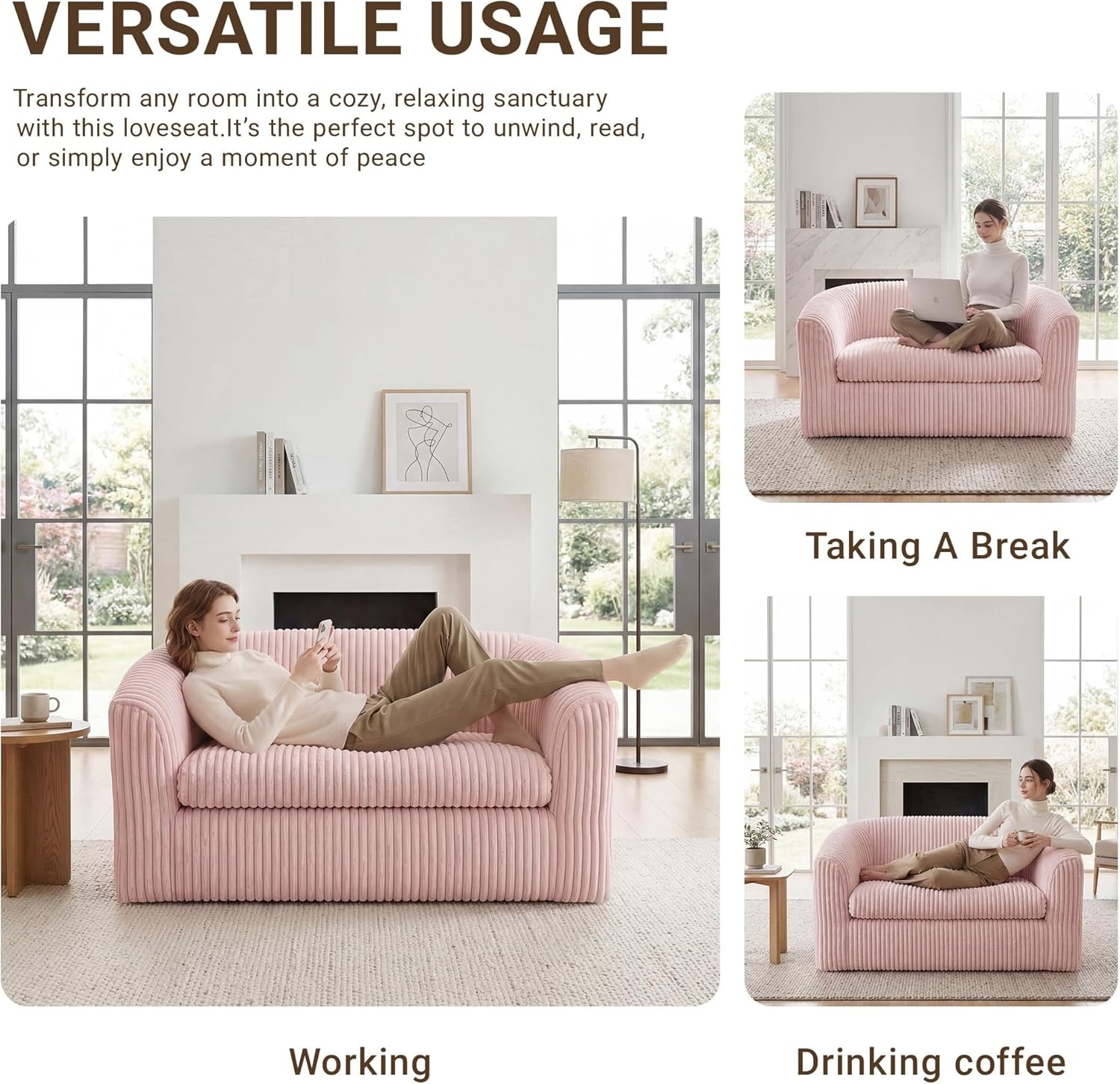 image:imageClaiks 55 Boneless Couch Curved Sofa Bean Bag Sofa Couch in a Box Upholstered Small Mini Sofa with Deep Seating for Living Room Bedroom Office Apartment No Assembly Required BeigePink