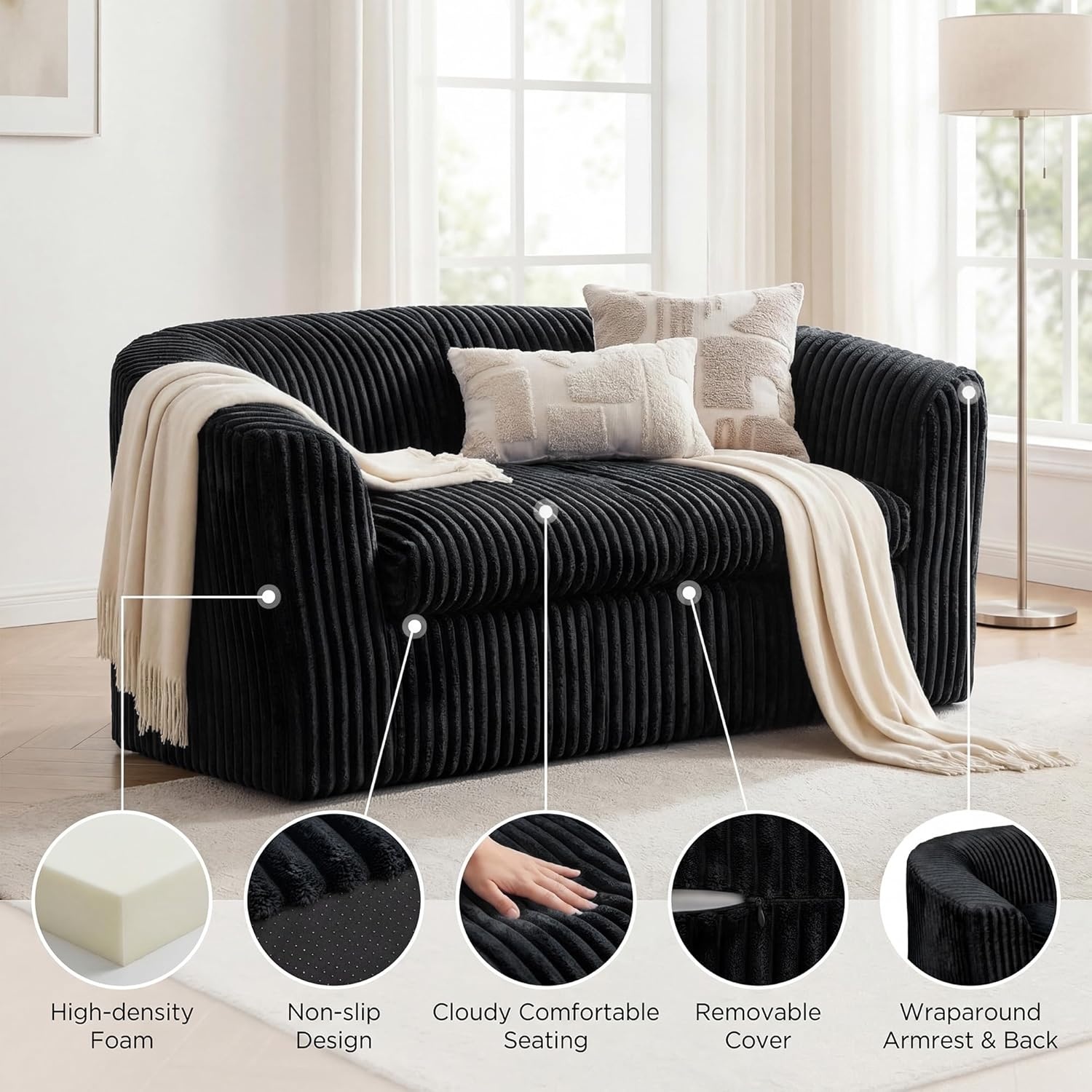 image:imageClaiks 55 Boneless Couch Curved Sofa Bean Bag Sofa Couch in a Box Upholstered Small Mini Sofa with Deep Seating for Living Room Bedroom Office Apartment No Assembly Required BeigeBlack