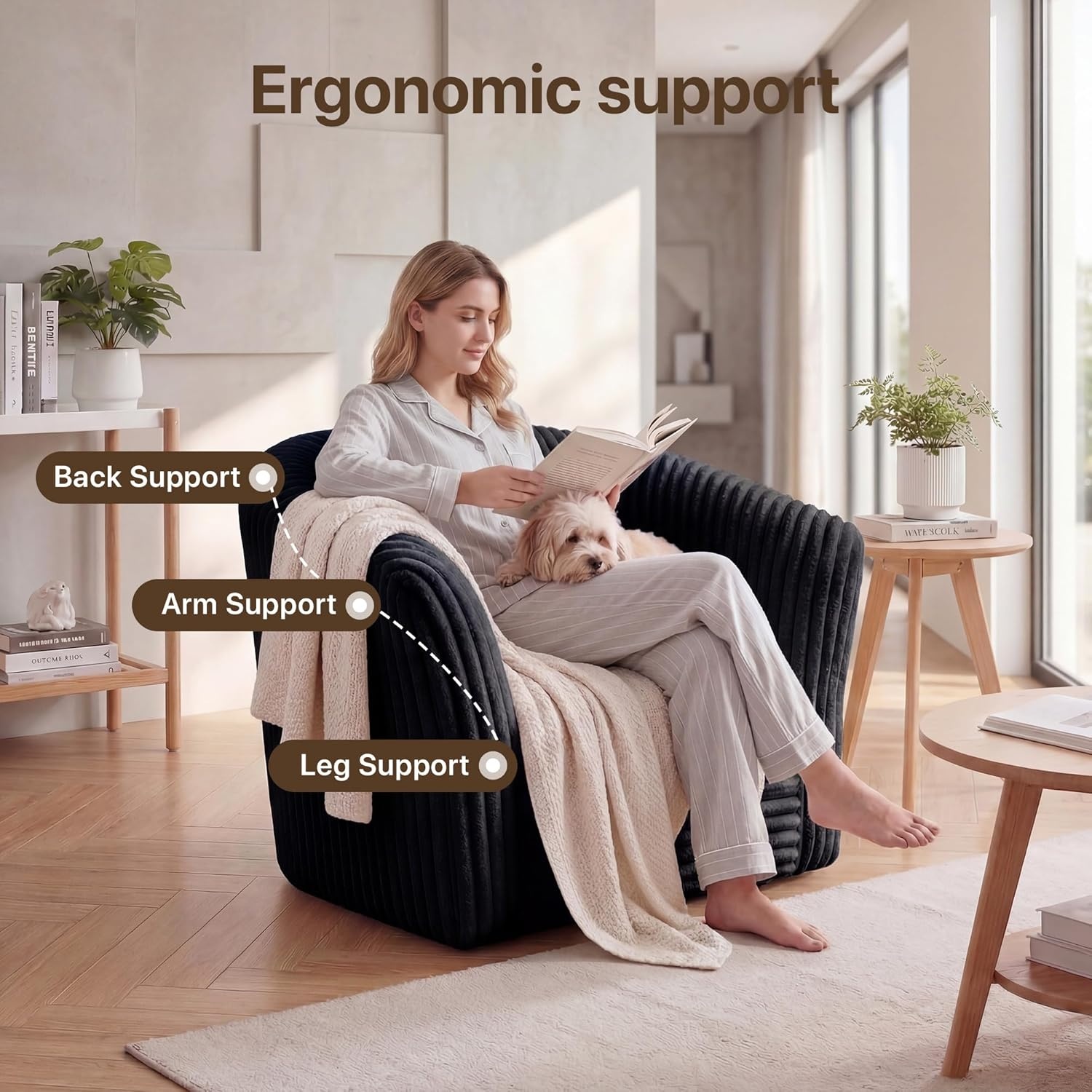 image:imageClaiks 55 Boneless Couch Curved Sofa Bean Bag Sofa Couch in a Box Upholstered Small Mini Sofa with Deep Seating for Living Room Bedroom Office Apartment No Assembly Required BeigeBlack