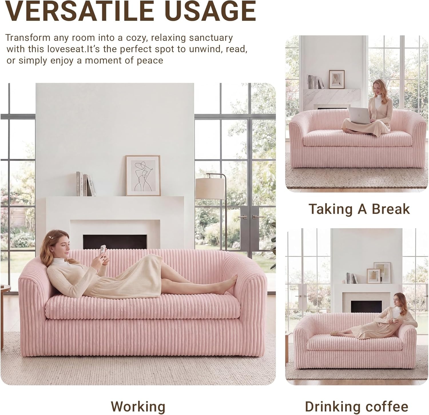 image:imageClaiks 55 Boneless Couch Curved Sofa Bean Bag Sofa Couch in a Box Upholstered Small Mini Sofa with Deep Seating for Living Room Bedroom Office Apartment No Assembly Required BeigePink