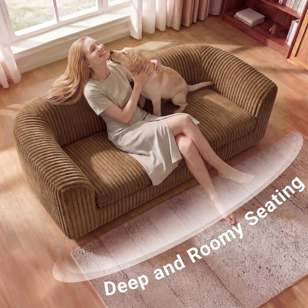 image:imageClaiks 55 Boneless Couch Curved Sofa Bean Bag Sofa Couch in a Box Upholstered Small Mini Sofa with Deep Seating for Living Room Bedroom Office Apartment No Assembly Required BeigeBrown