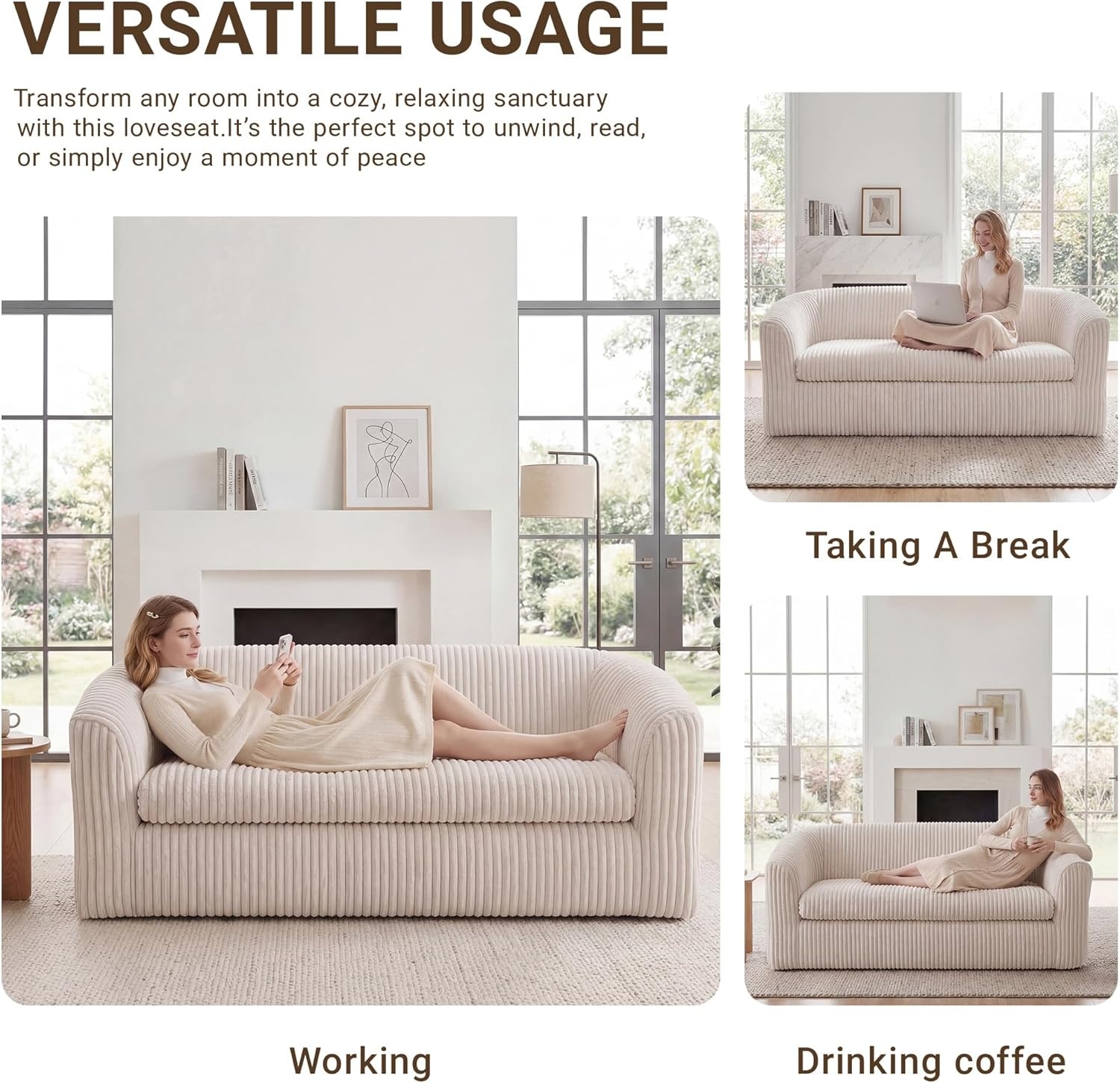 image:imageClaiks 55 Boneless Couch Curved Sofa Bean Bag Sofa Couch in a Box Upholstered Small Mini Sofa with Deep Seating for Living Room Bedroom Office Apartment No Assembly Required BeigeBeige