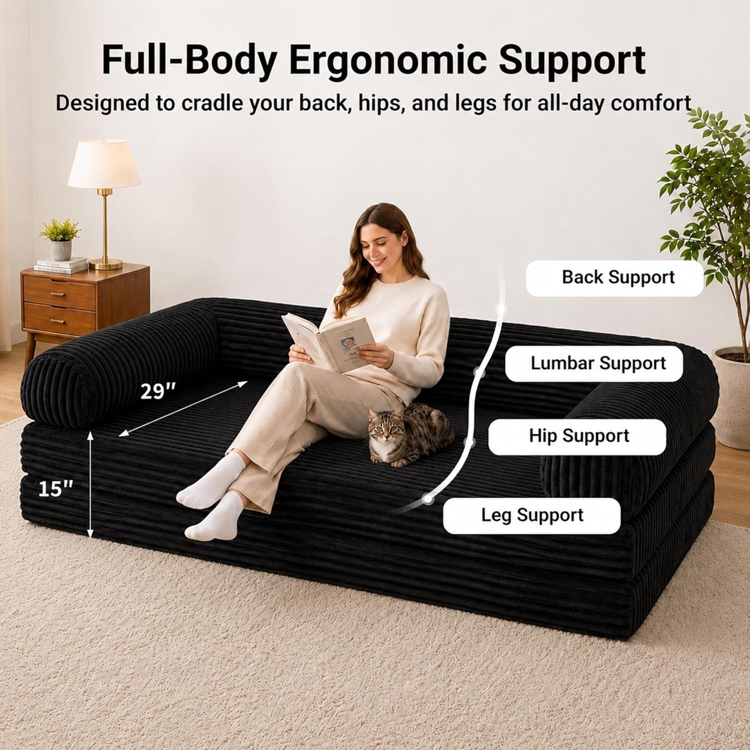 image:imageClaiks 75 Convertible Sofa Bed Corduroy Futon Couch Pull Out Bed No Assembly Boneless Couches for Living Room Bedroom Apartment GreenBlack