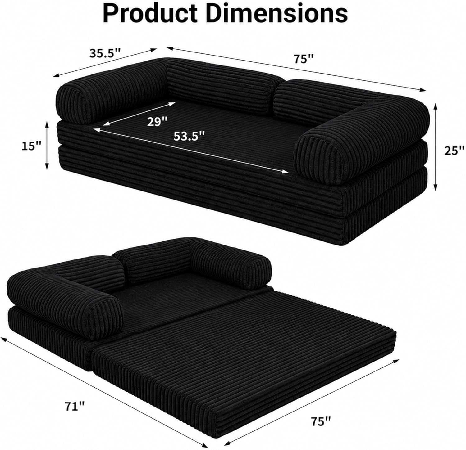 image:imageClaiks 75 Convertible Sofa Bed Corduroy Futon Couch Pull Out Bed No Assembly Boneless Couches for Living Room Bedroom Apartment GreenBlack