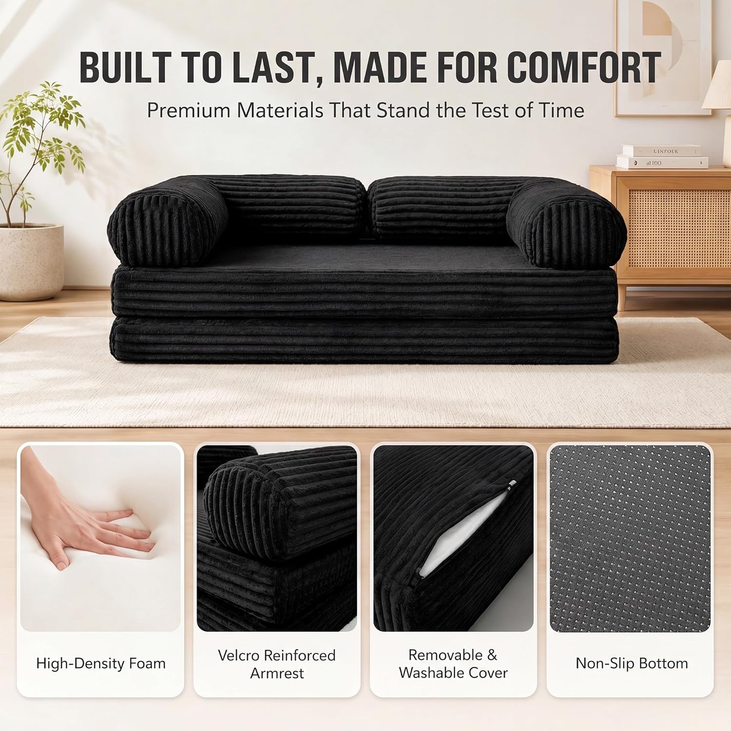 image:imageClaiks 75 Convertible Sofa Bed Corduroy Futon Couch Pull Out Bed No Assembly Boneless Couches for Living Room Bedroom Apartment GreenBlack