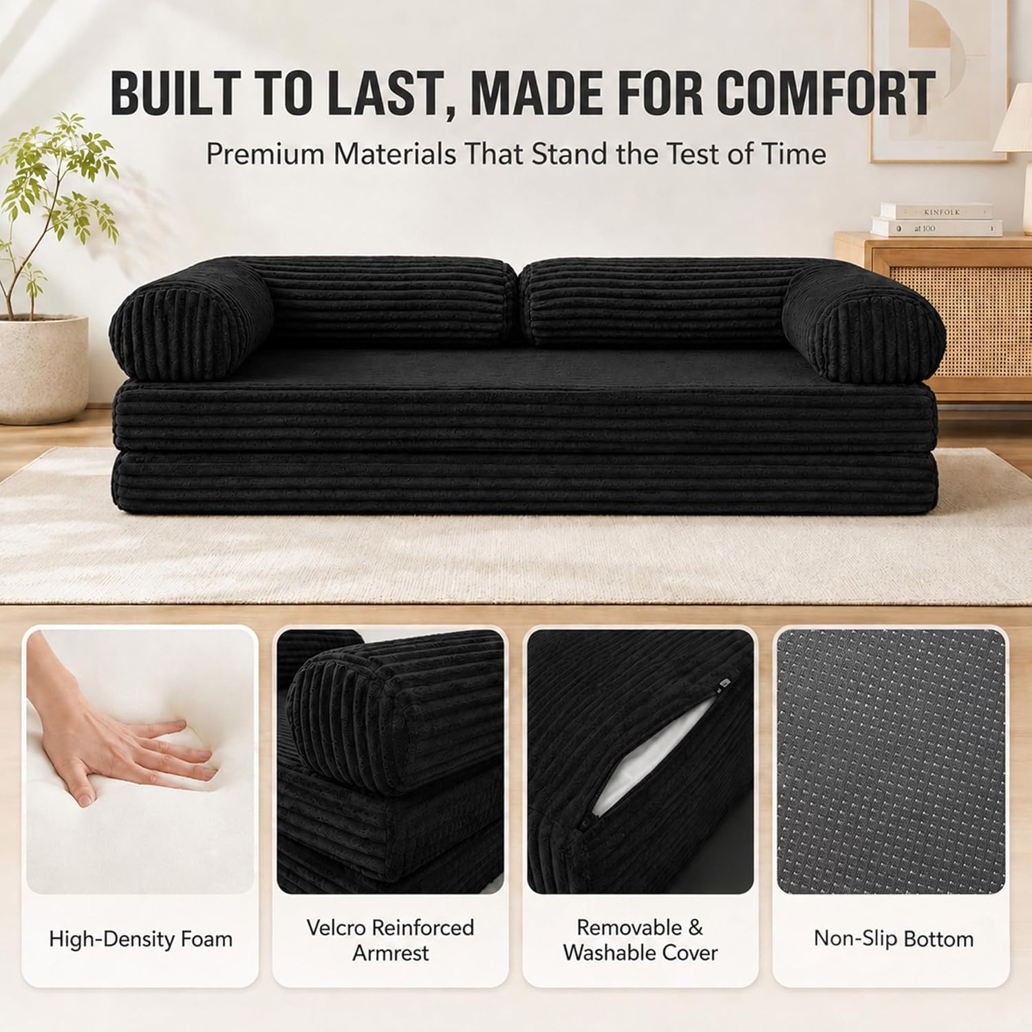 image:imageClaiks 75 Convertible Sofa Bed Corduroy Futon Couch Pull Out Bed No Assembly Boneless Couches for Living Room Bedroom Apartment GreenBlack