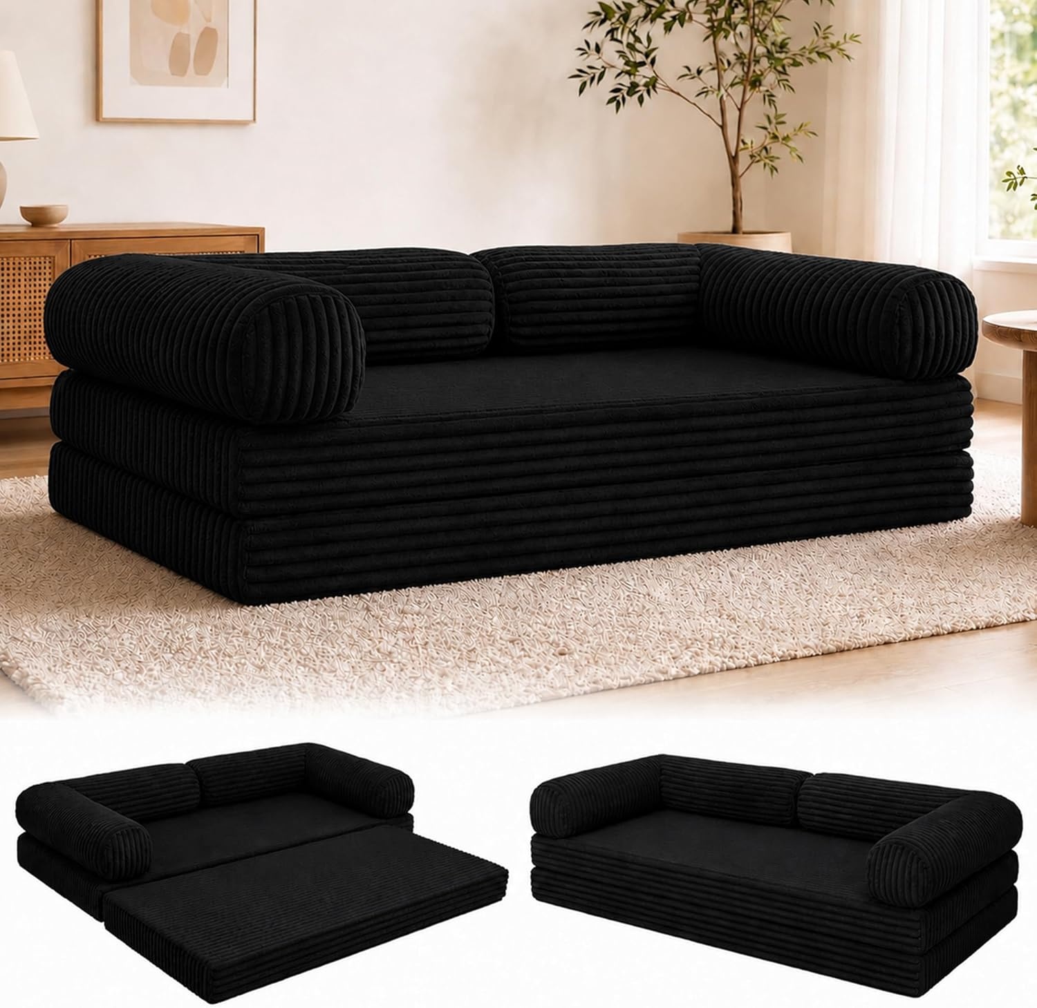 image:imageClaiks 75 Convertible Sofa Bed Corduroy Futon Couch Pull Out Bed No Assembly Boneless Couches for Living Room Bedroom Apartment GreenBlack