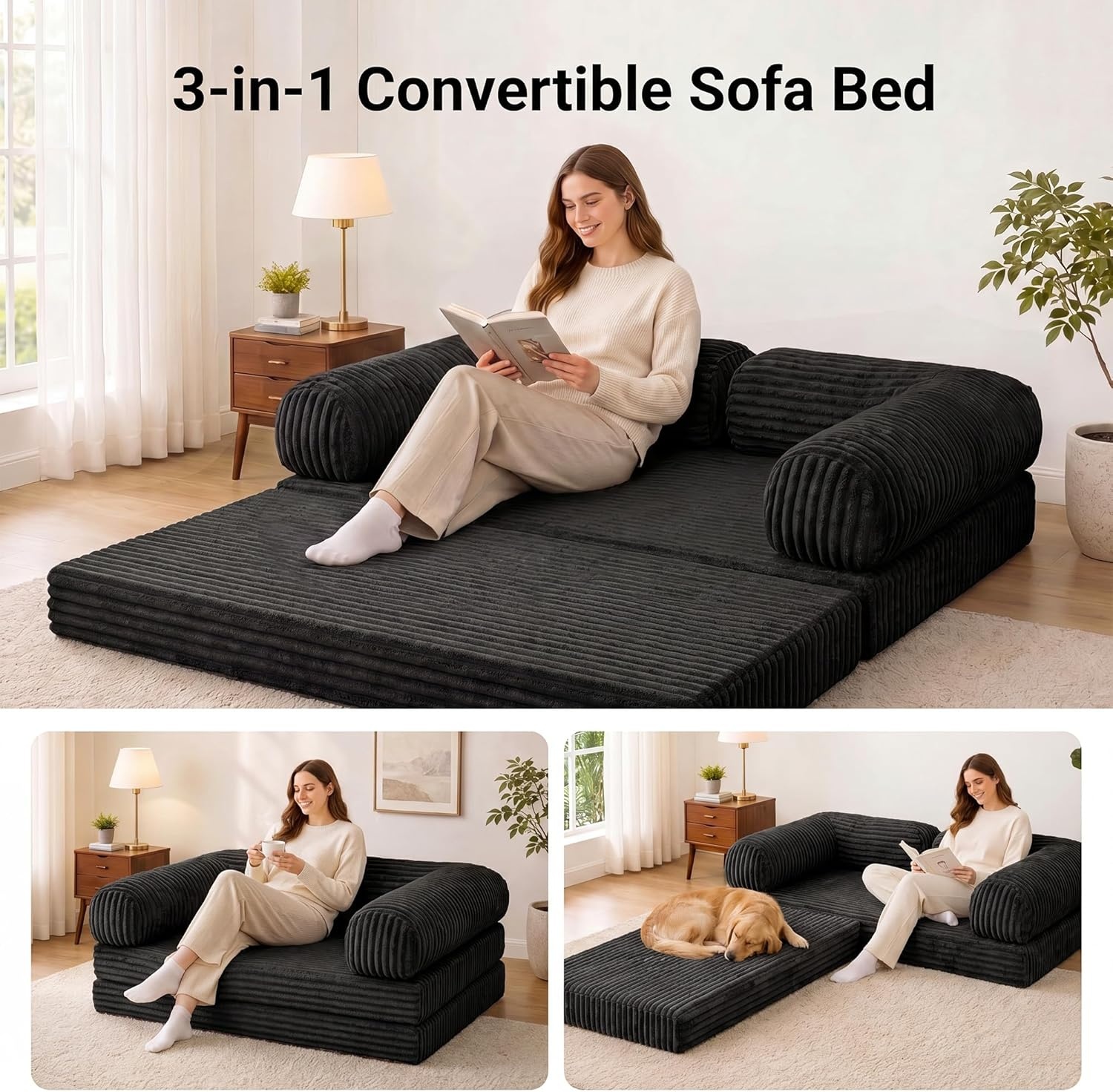 image:imageClaiks 75 Convertible Sofa Bed Corduroy Futon Couch Pull Out Bed No Assembly Boneless Couches for Living Room Bedroom Apartment GreenBlack