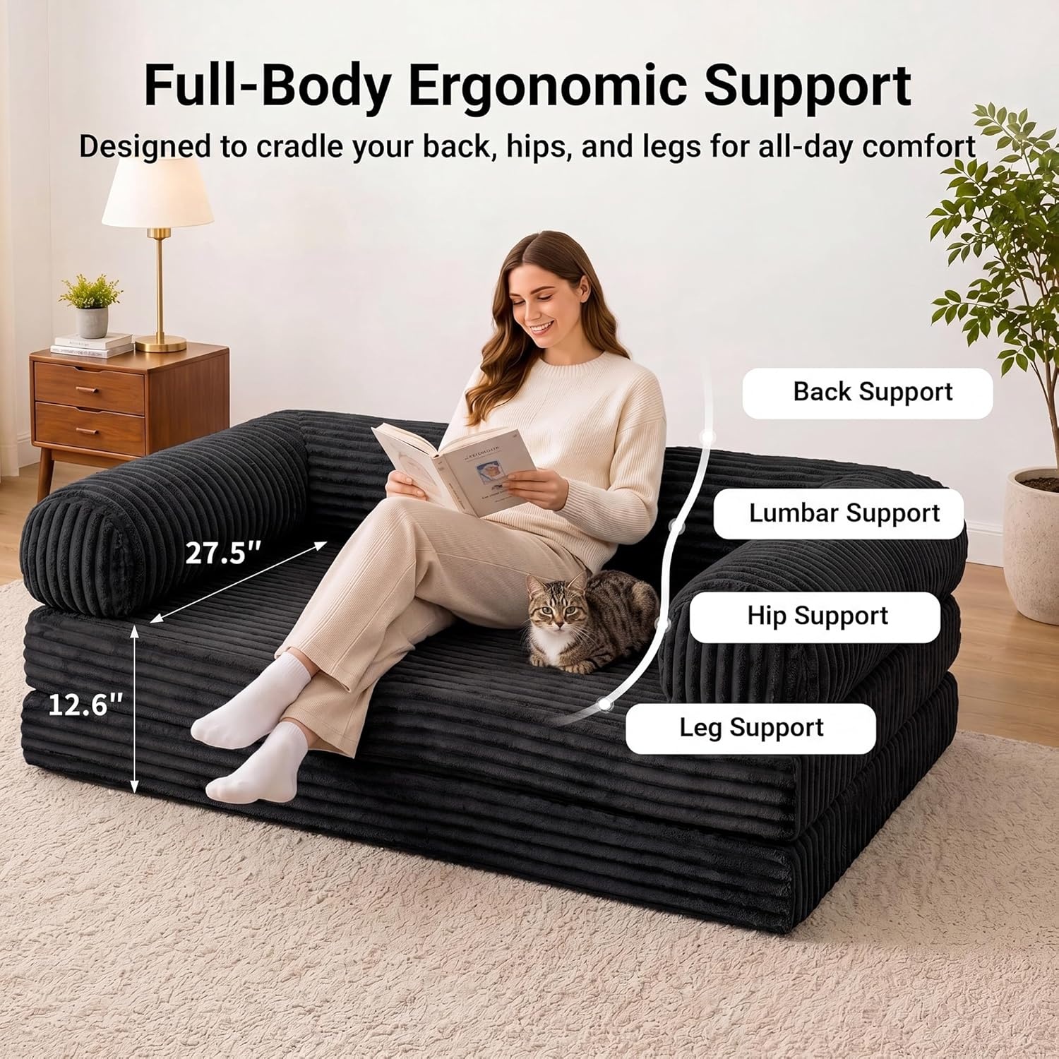 image:imageClaiks 75 Convertible Sofa Bed Corduroy Futon Couch Pull Out Bed No Assembly Boneless Couches for Living Room Bedroom Apartment GreenBlack