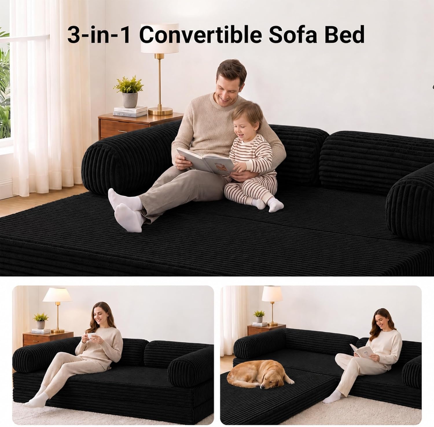 image:imageClaiks 75 Convertible Sofa Bed Corduroy Futon Couch Pull Out Bed No Assembly Boneless Couches for Living Room Bedroom Apartment GreenBlack