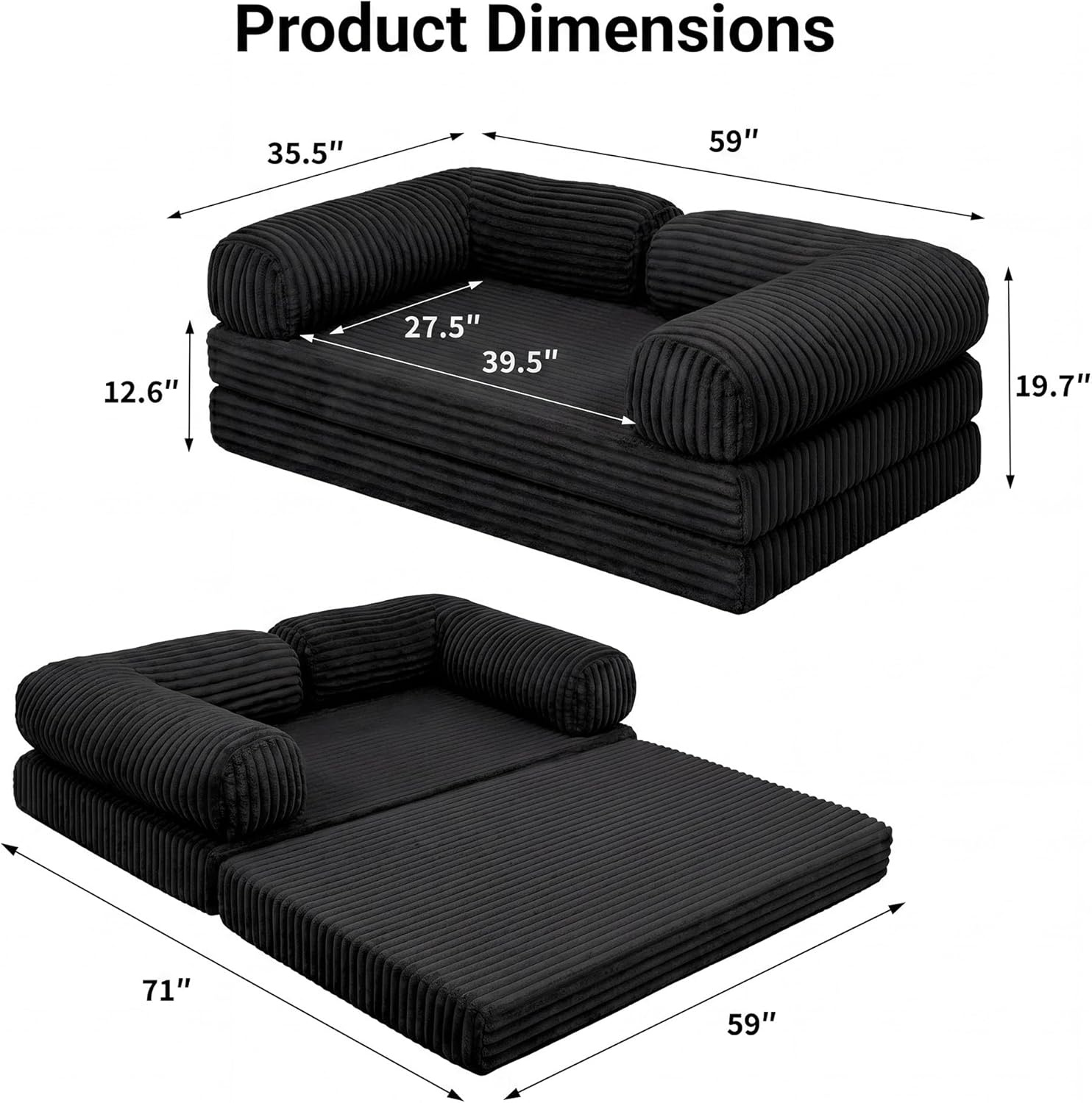 image:imageClaiks 75 Convertible Sofa Bed Corduroy Futon Couch Pull Out Bed No Assembly Boneless Couches for Living Room Bedroom Apartment GreenBlack
