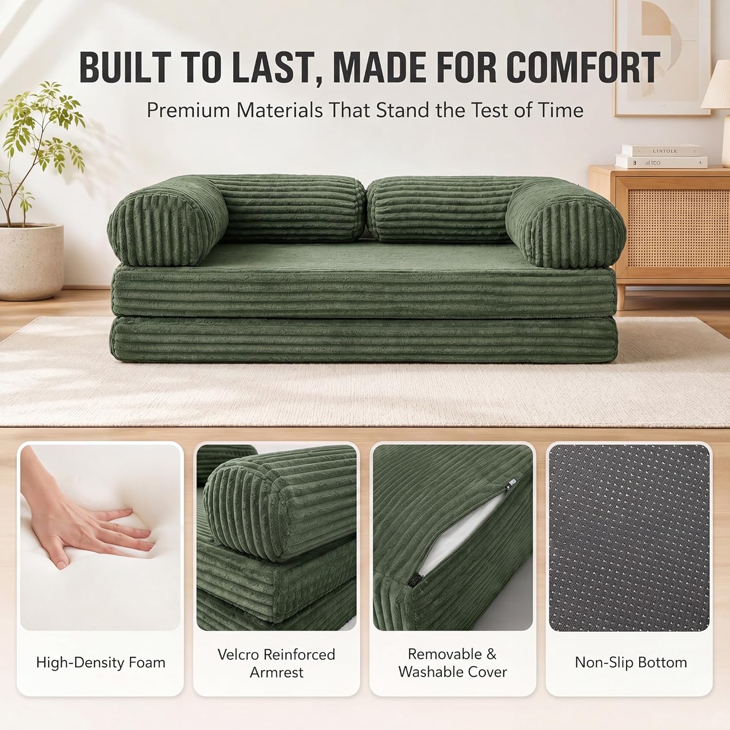 image:imageClaiks 75 Convertible Sofa Bed Corduroy Futon Couch Pull Out Bed No Assembly Boneless Couches for Living Room Bedroom Apartment GreenGrenn