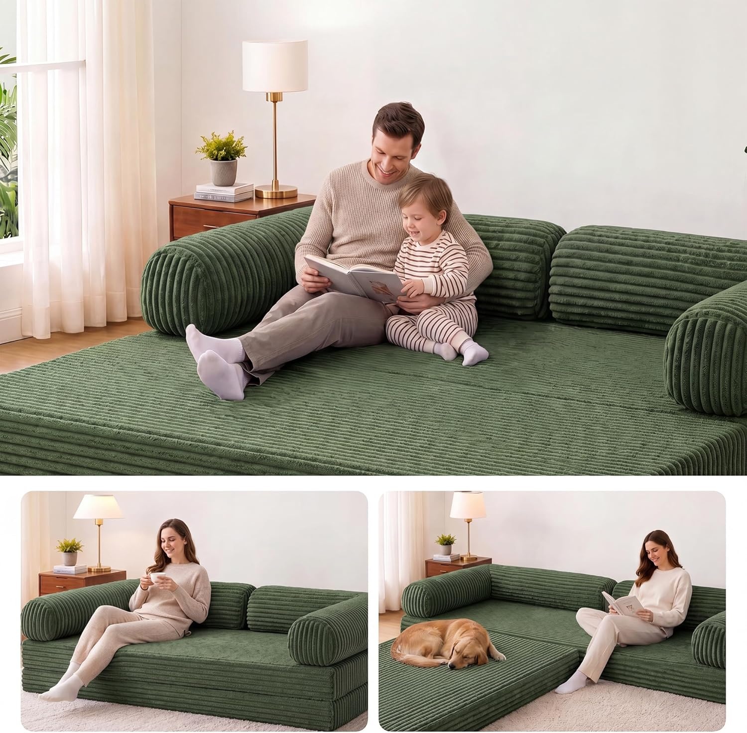 image:imageClaiks 75 Convertible Sofa Bed Corduroy Futon Couch Pull Out Bed No Assembly Boneless Couches for Living Room Bedroom Apartment GreenGrenn