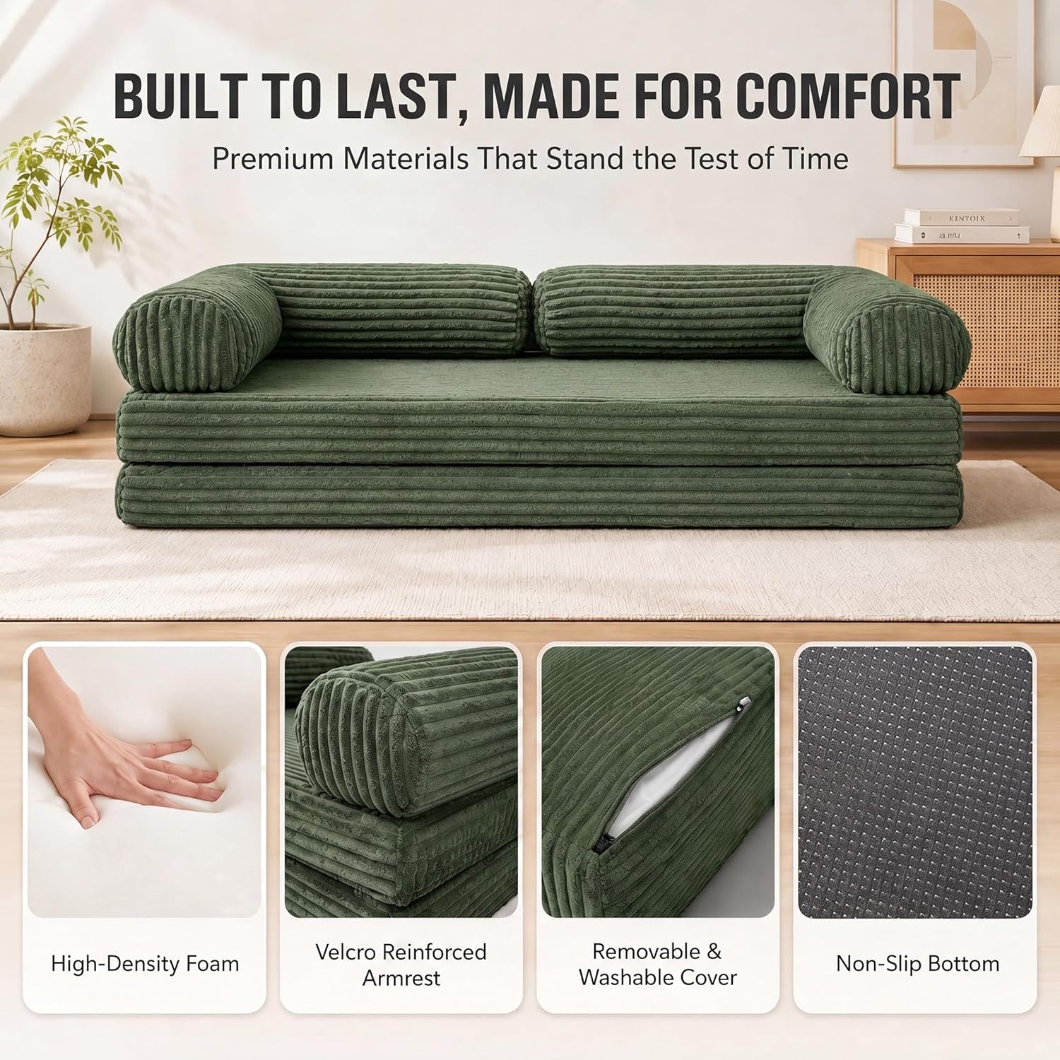 image:imageClaiks 75 Convertible Sofa Bed Corduroy Futon Couch Pull Out Bed No Assembly Boneless Couches for Living Room Bedroom Apartment GreenGrenn