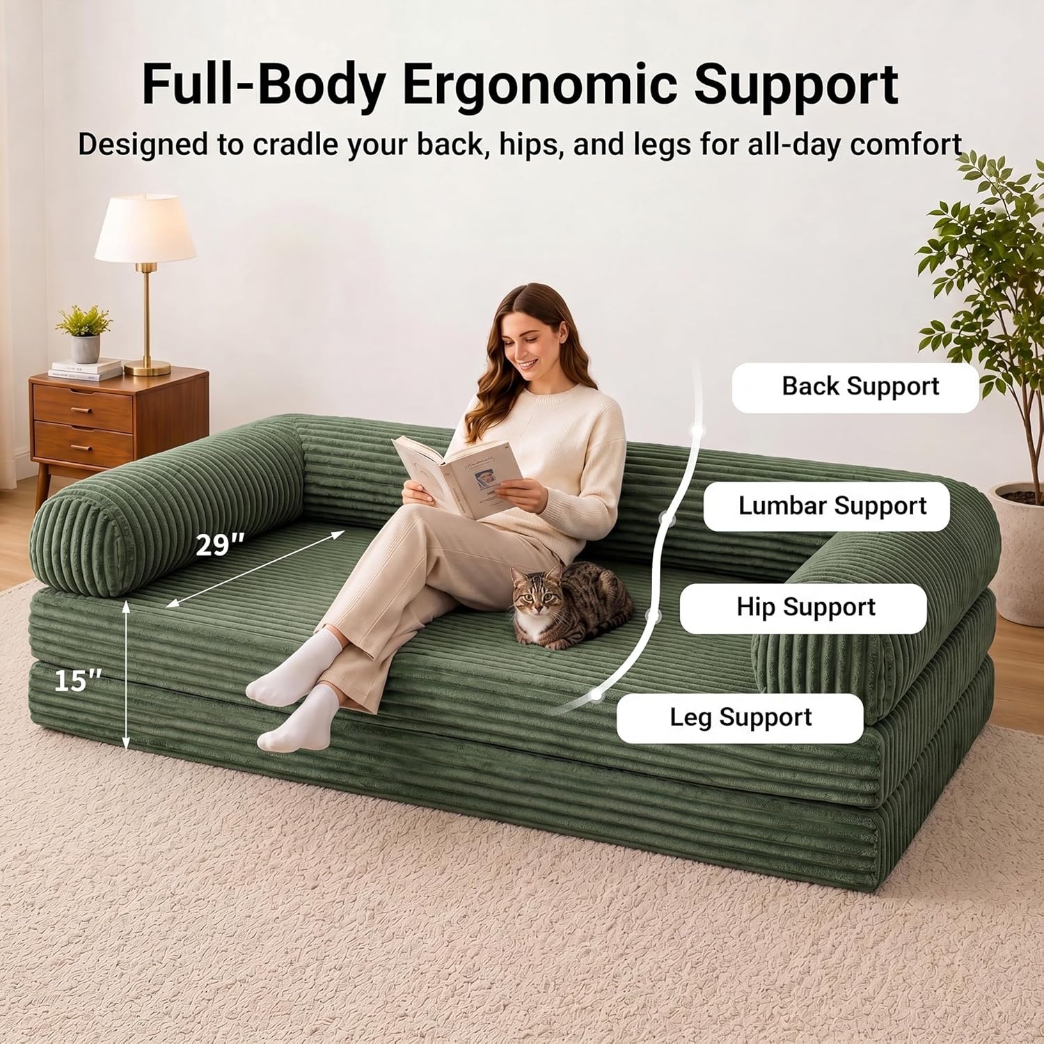 image:imageClaiks 75 Convertible Sofa Bed Corduroy Futon Couch Pull Out Bed No Assembly Boneless Couches for Living Room Bedroom Apartment GreenGrenn