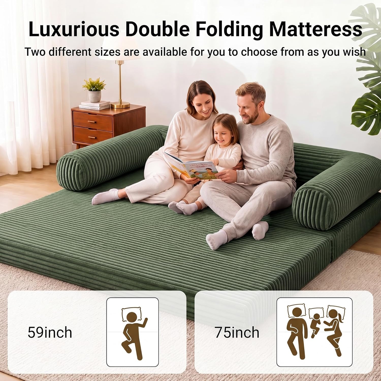 image:imageClaiks 75 Convertible Sofa Bed Corduroy Futon Couch Pull Out Bed No Assembly Boneless Couches for Living Room Bedroom Apartment GreenGrenn