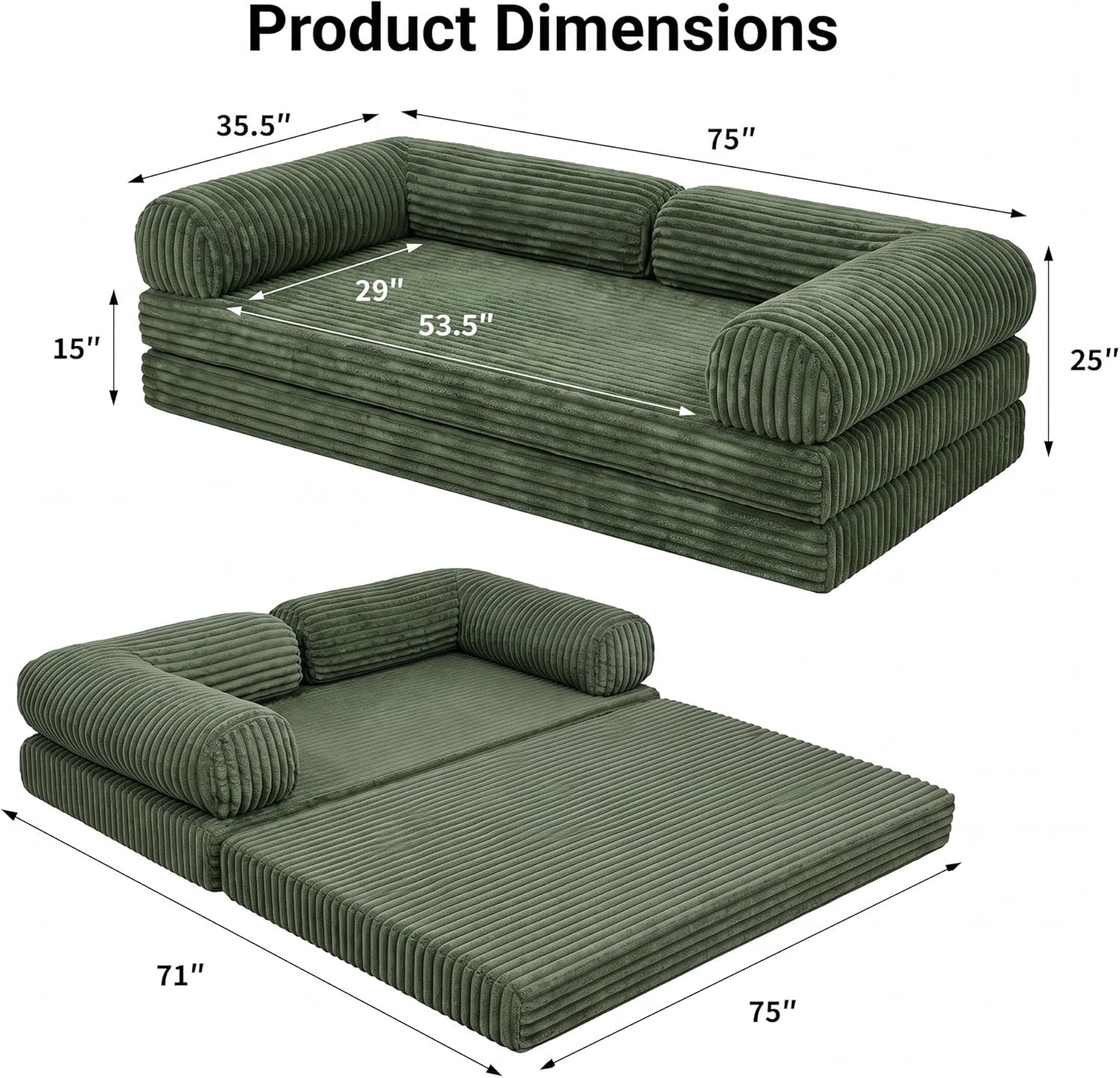 image:imageClaiks 75 Convertible Sofa Bed Corduroy Futon Couch Pull Out Bed No Assembly Boneless Couches for Living Room Bedroom Apartment GreenGrenn